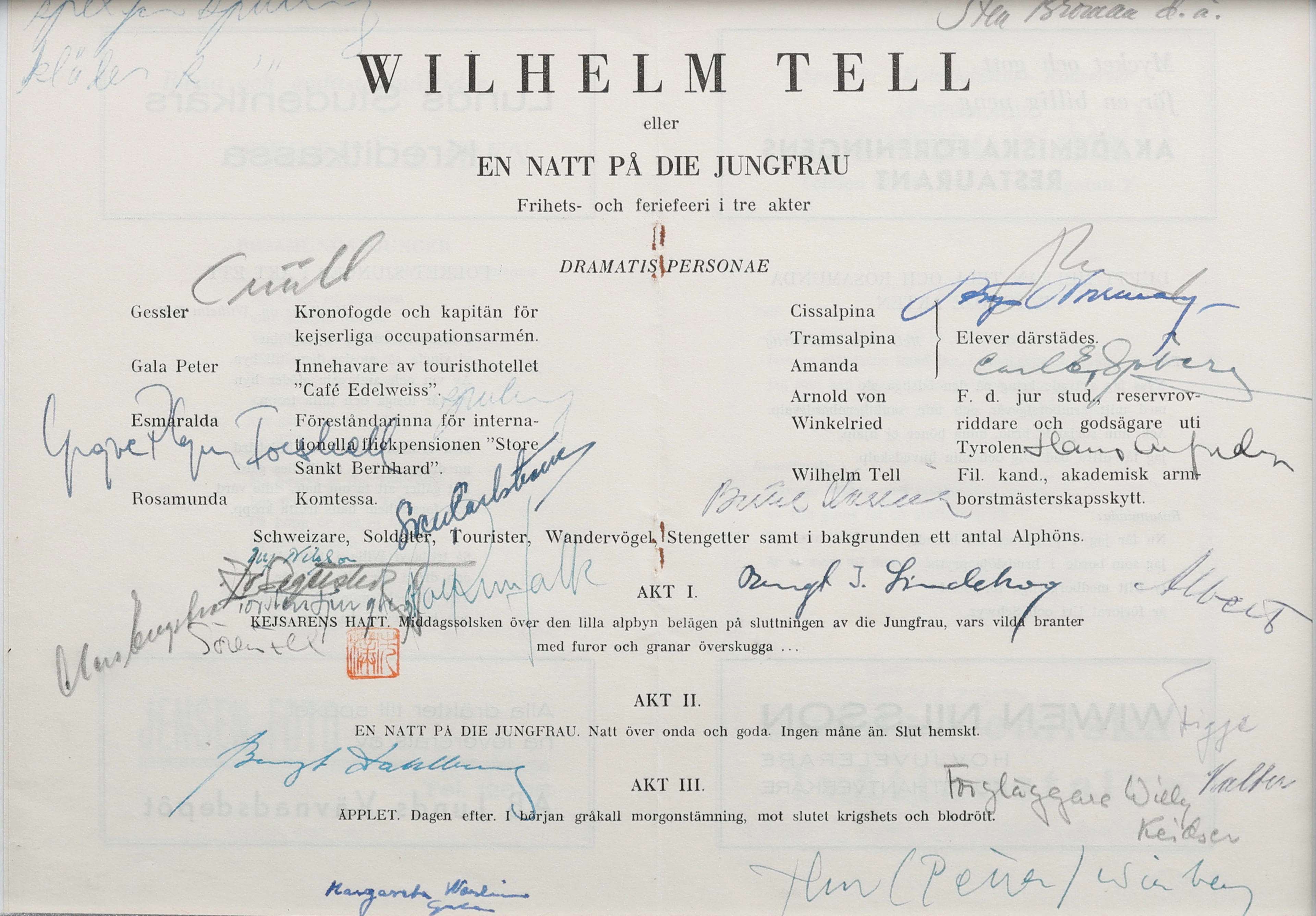 SIGNERAT SPEXPROGRAM, "WILHELM TELL 1953", LUNDASPEXARNA, SIGNERAT