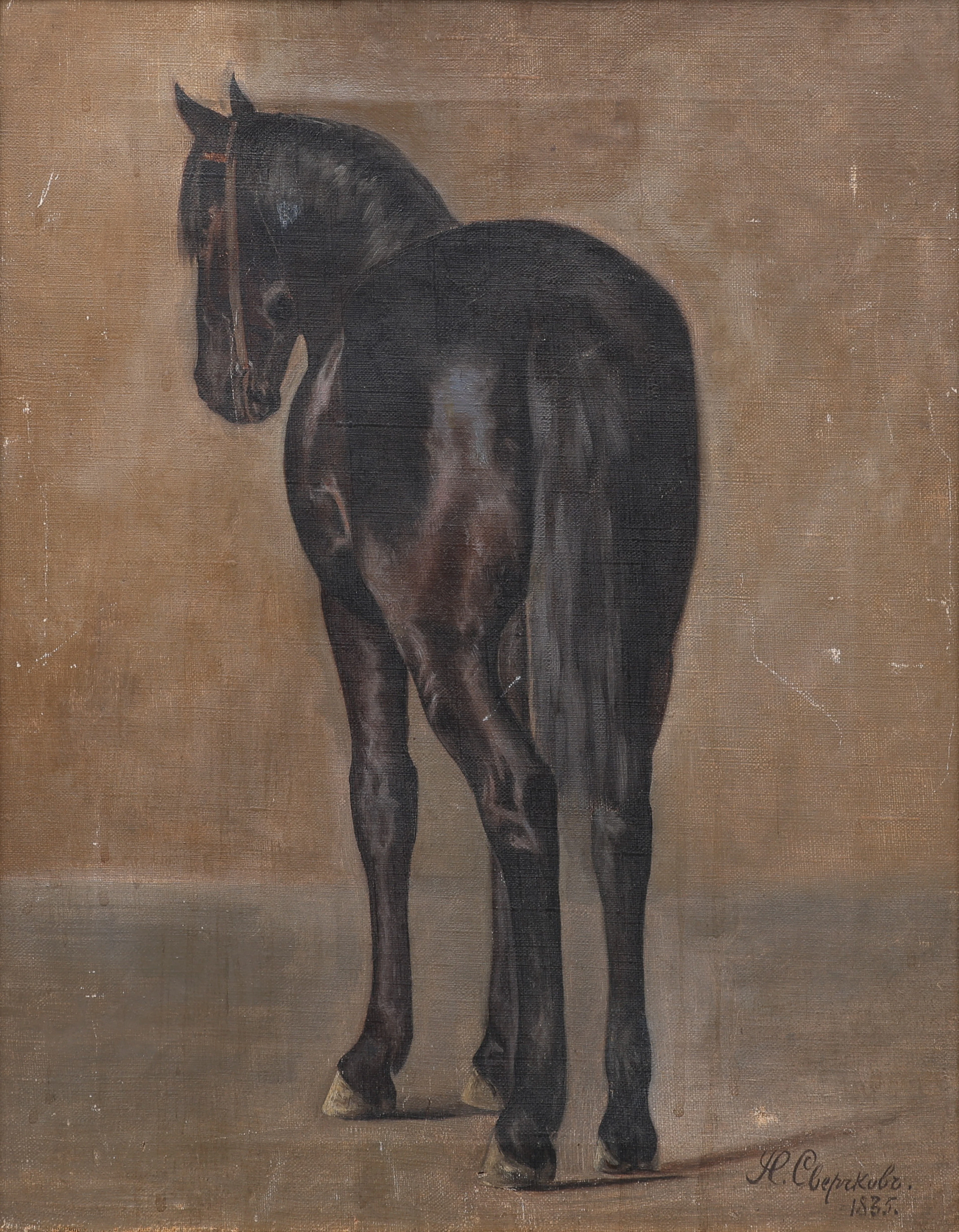 IKOLAI YEGOROVICH SVERCHKOV 1817-1898. OLJA PÅ DUK, HÄST BAKIFRÅN