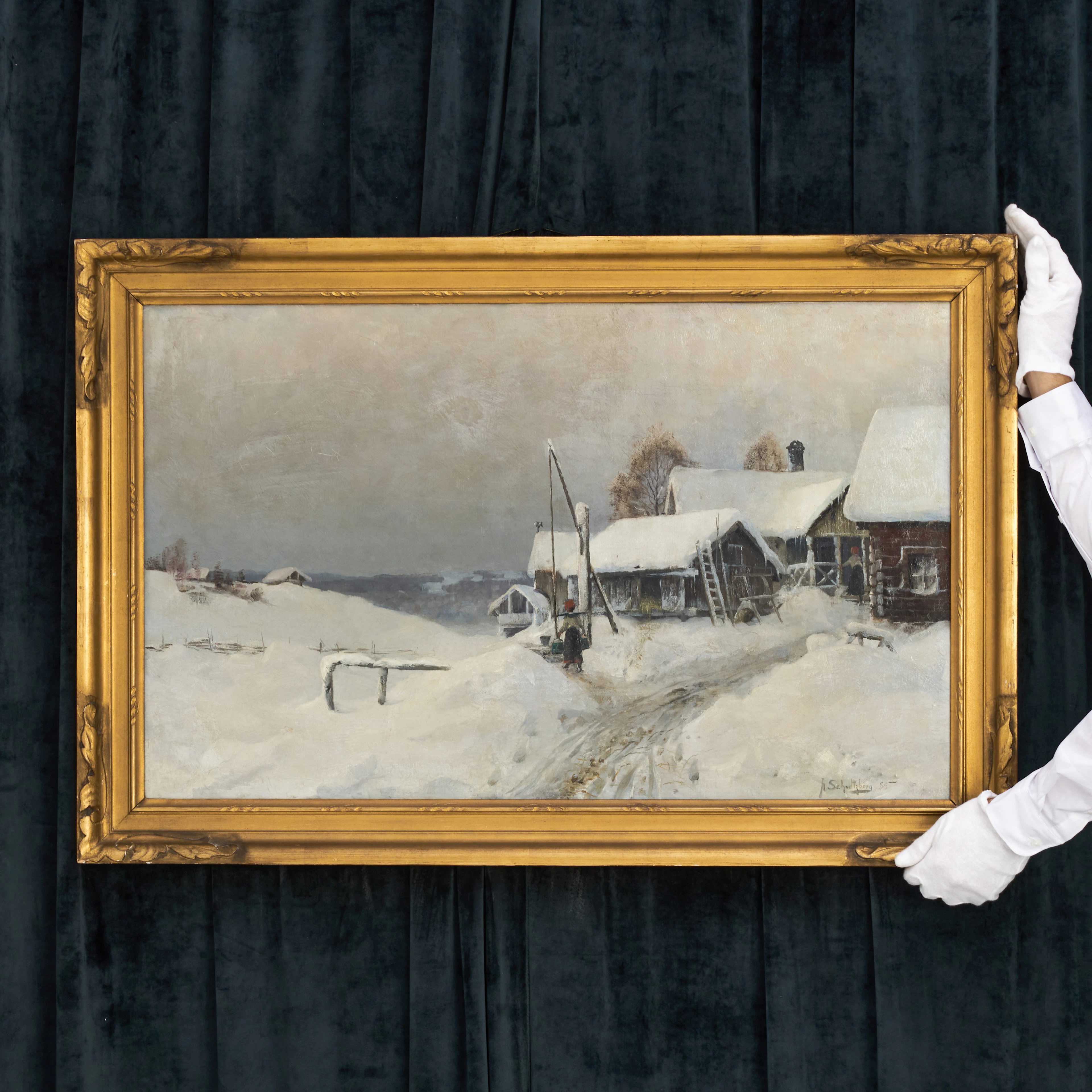 ANSHELM SCHULTZBERG (SVERIGE, 1862–1945). Gård i vinterskrud, signerad