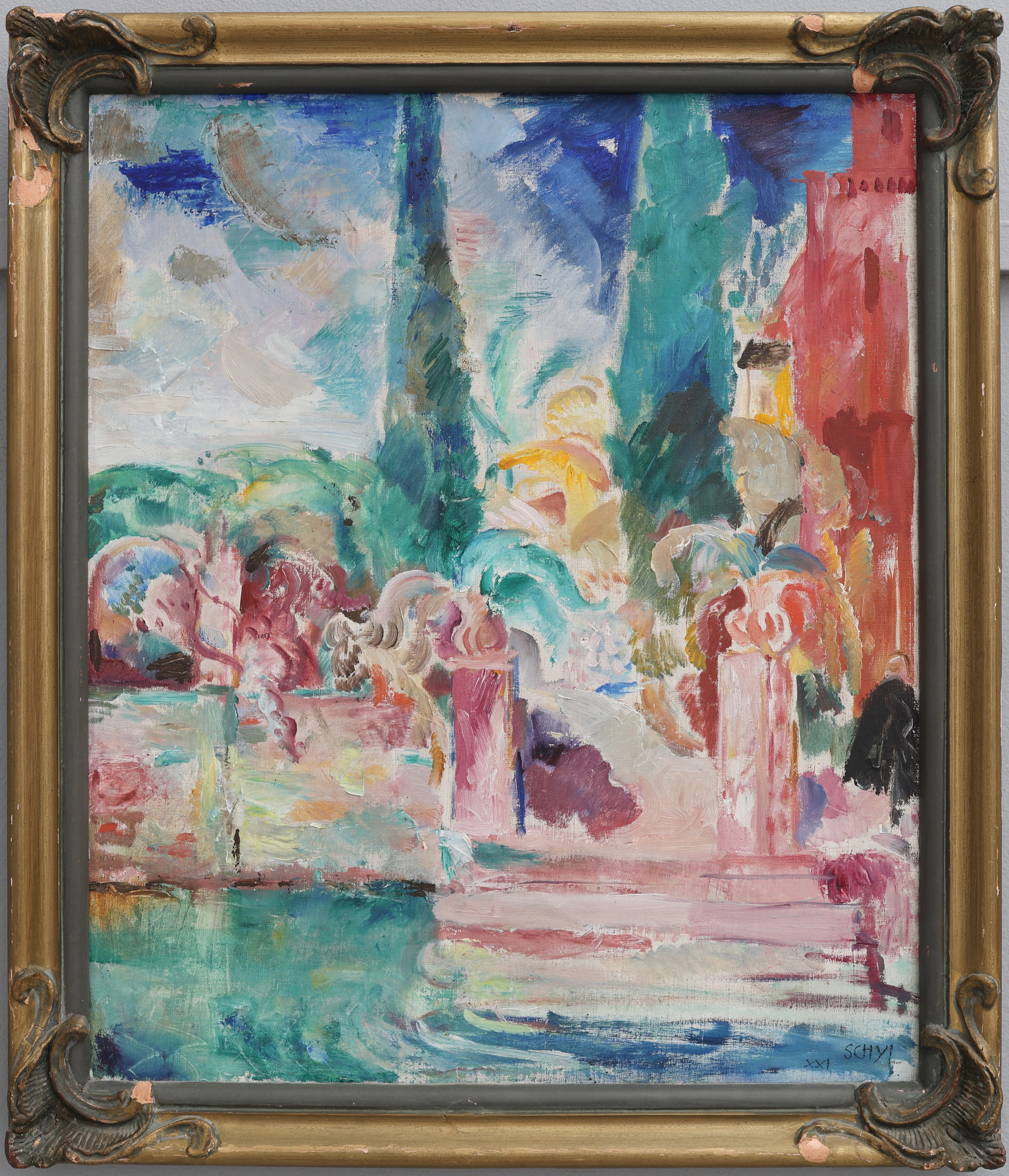 JULES SCHYL. PARKMOTIV, OLJA PÅ DUK, SIGNERAD OCH DATERAD 1921.