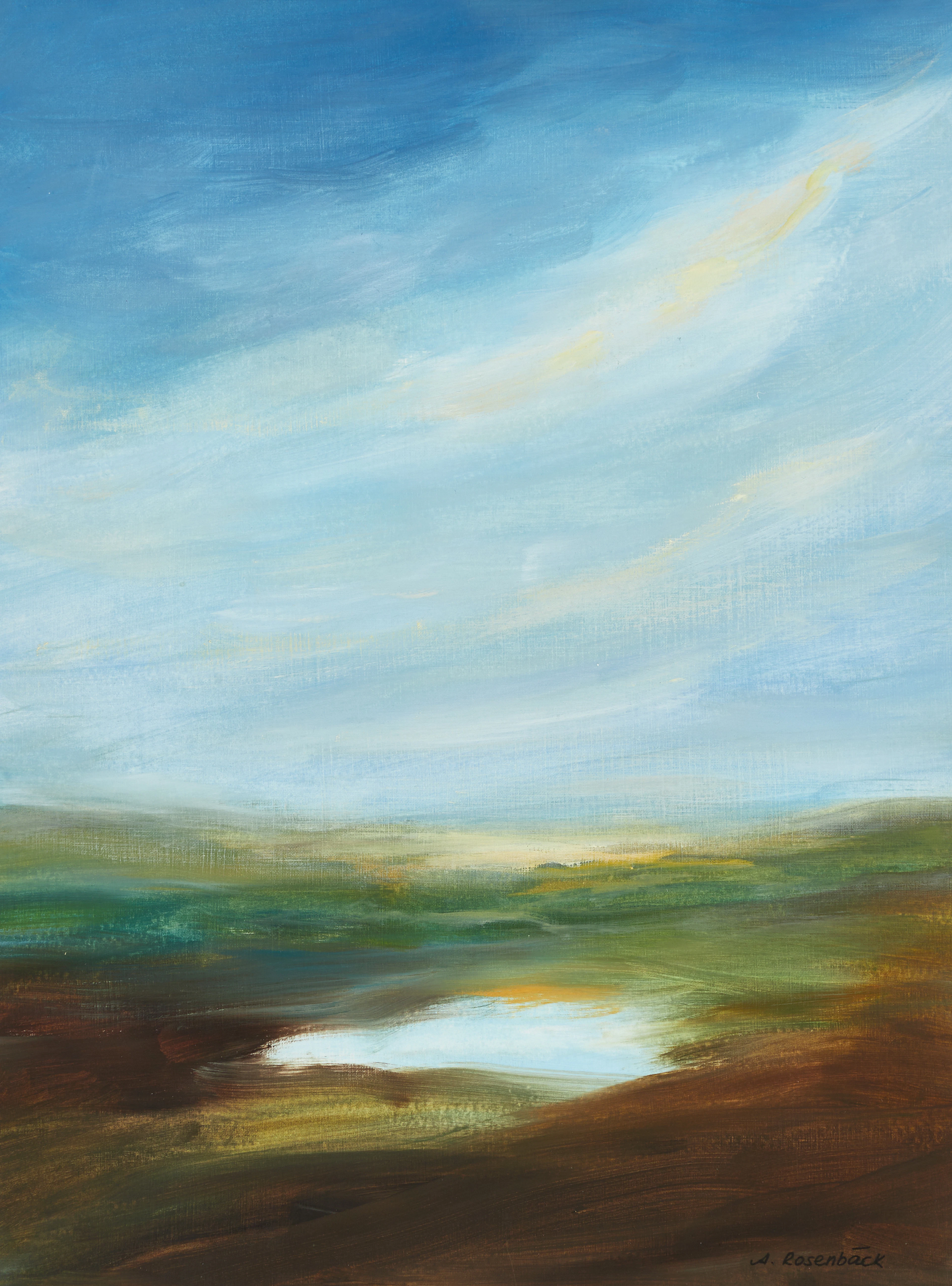 ANNA ROSENBÄCK. Landskap med blå himmel, signerad A. Rosenbäck, olja på papper.