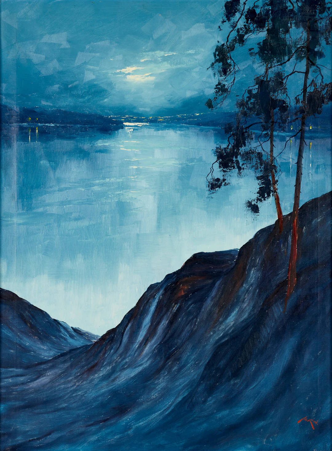 AXEL LIND (1907-2011). Kustmotiv i månsken. Signerad. Olja på duk.