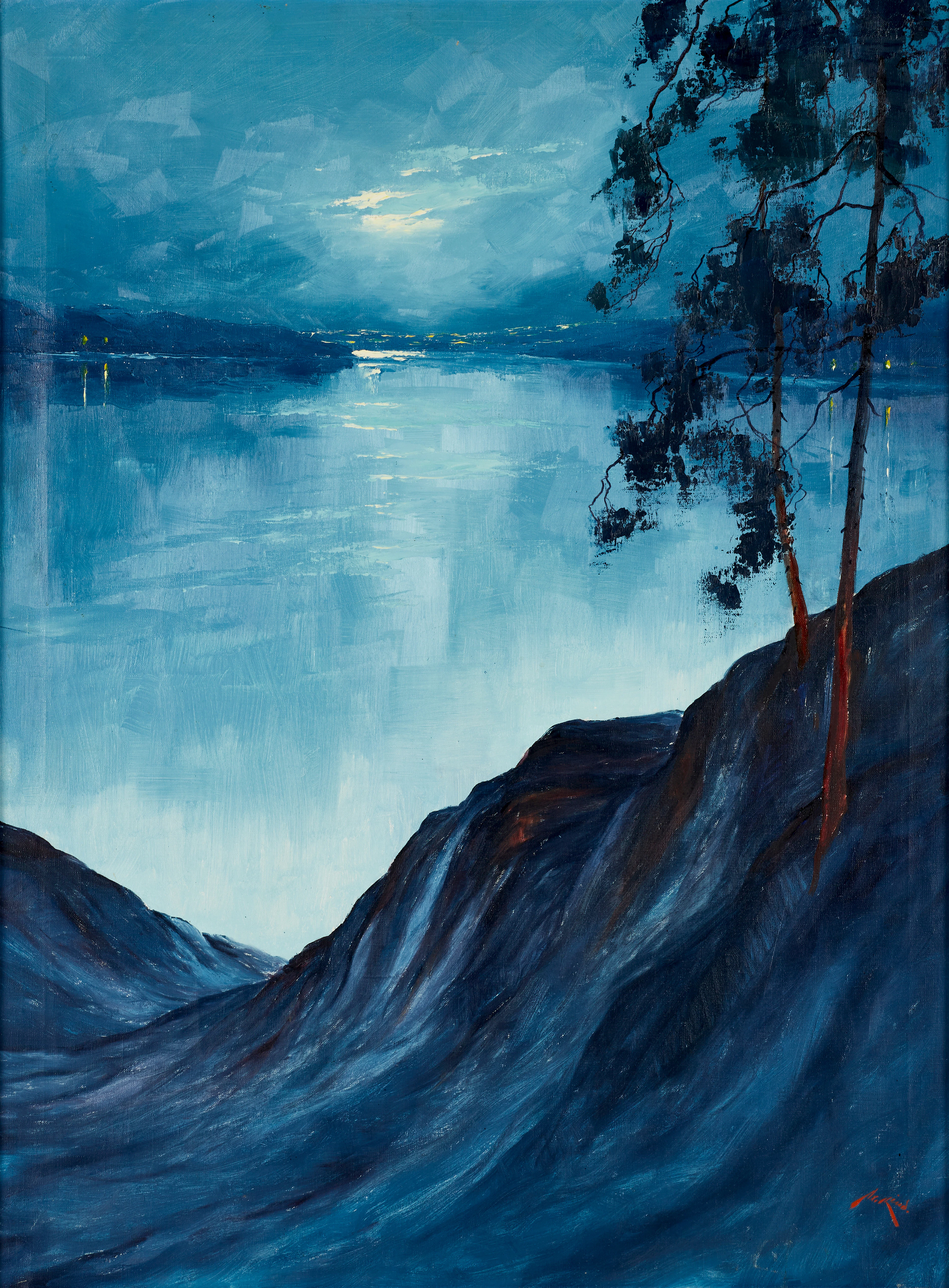 AXEL LIND (1907-2011). Kustmotiv i månsken. Signerad. Olja på duk.