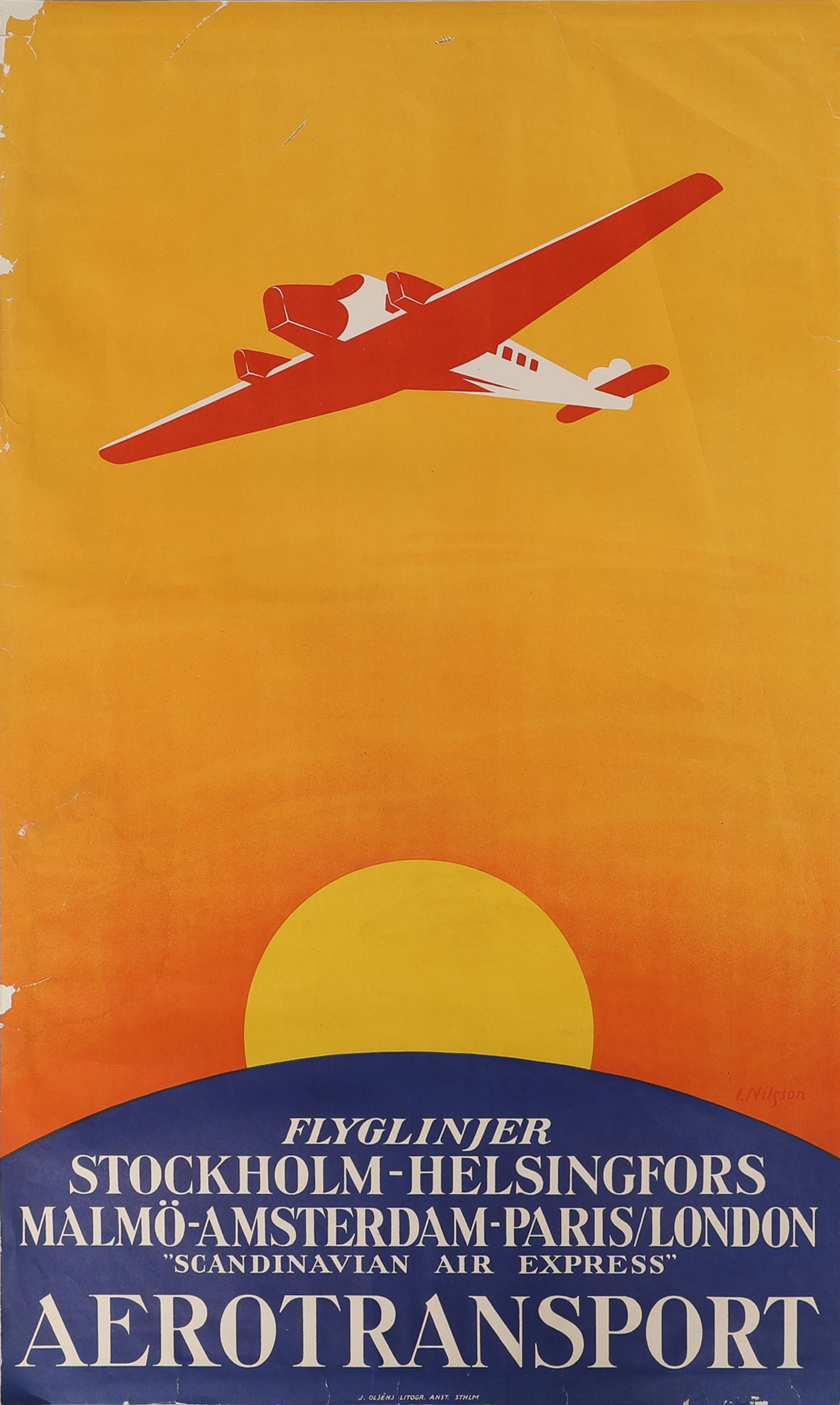LITOGRAFISK AFFISCH, AB AEROTRANSPORT, SCANDINAVIAN AIR EXPRESS, 1925-32.