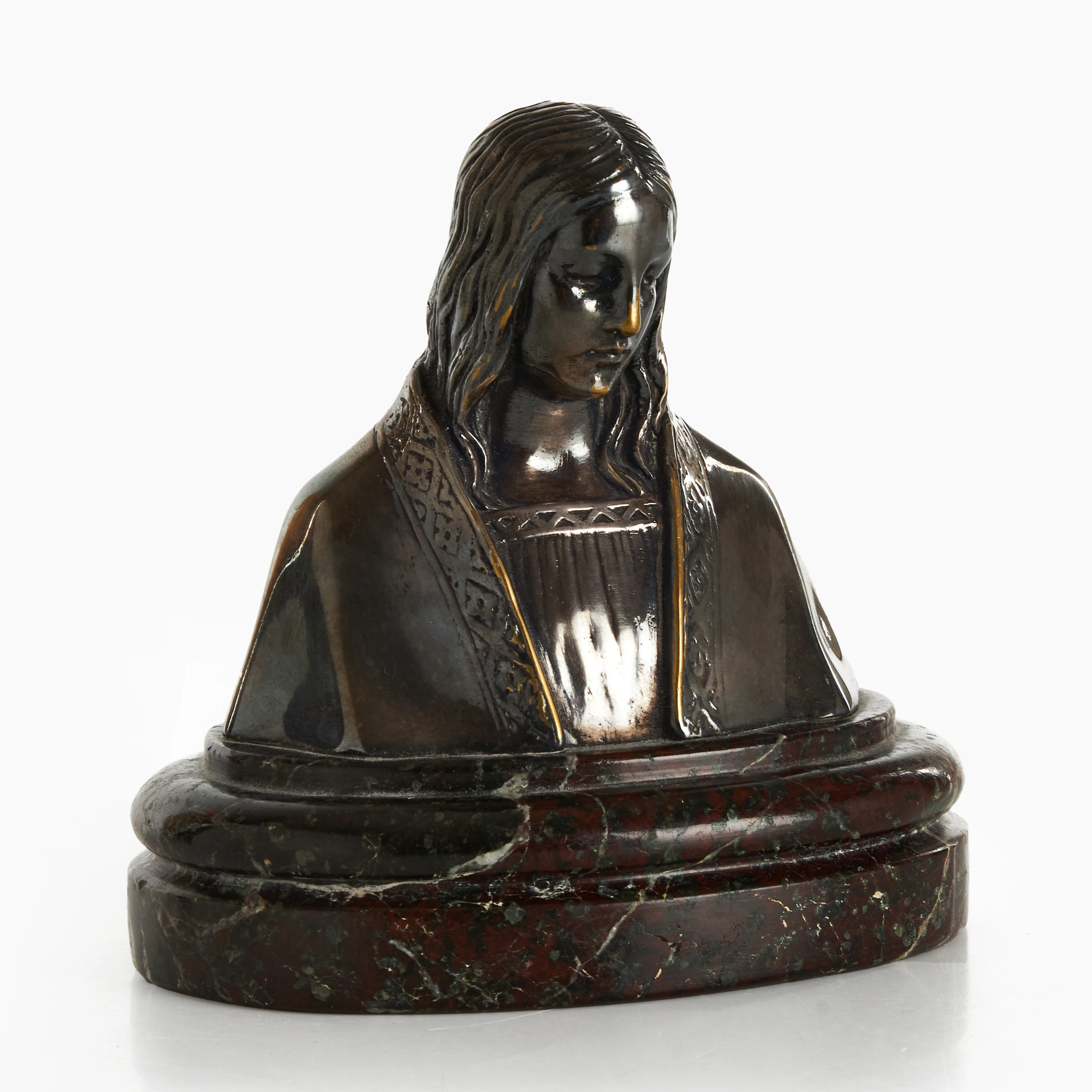 BYST, Jungfru Maria, förslivrad mässing, på stensockel, 1900-tal.