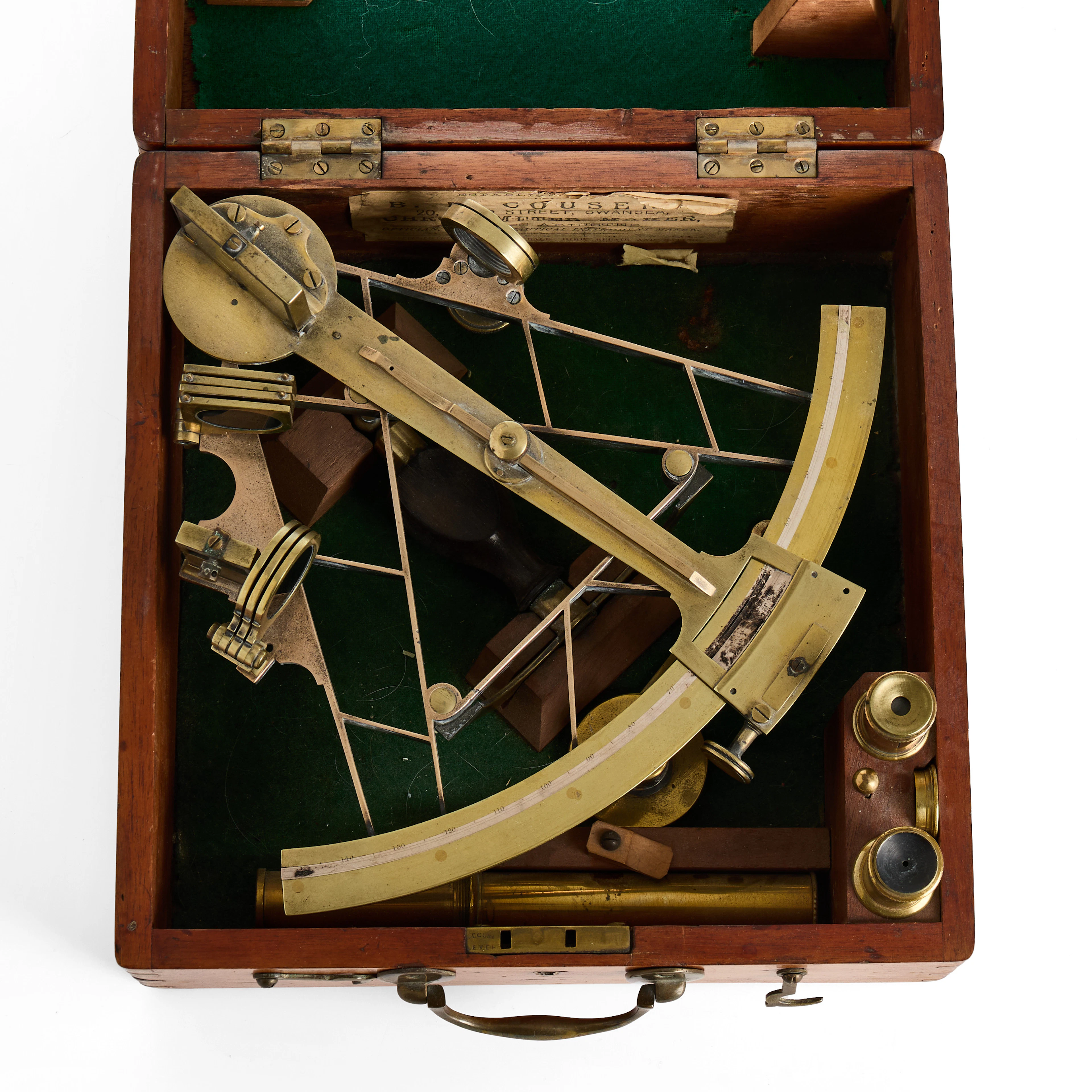SEXTANT, mässing, i mahognyschatull etikettmärkt B. R. Cousens , England