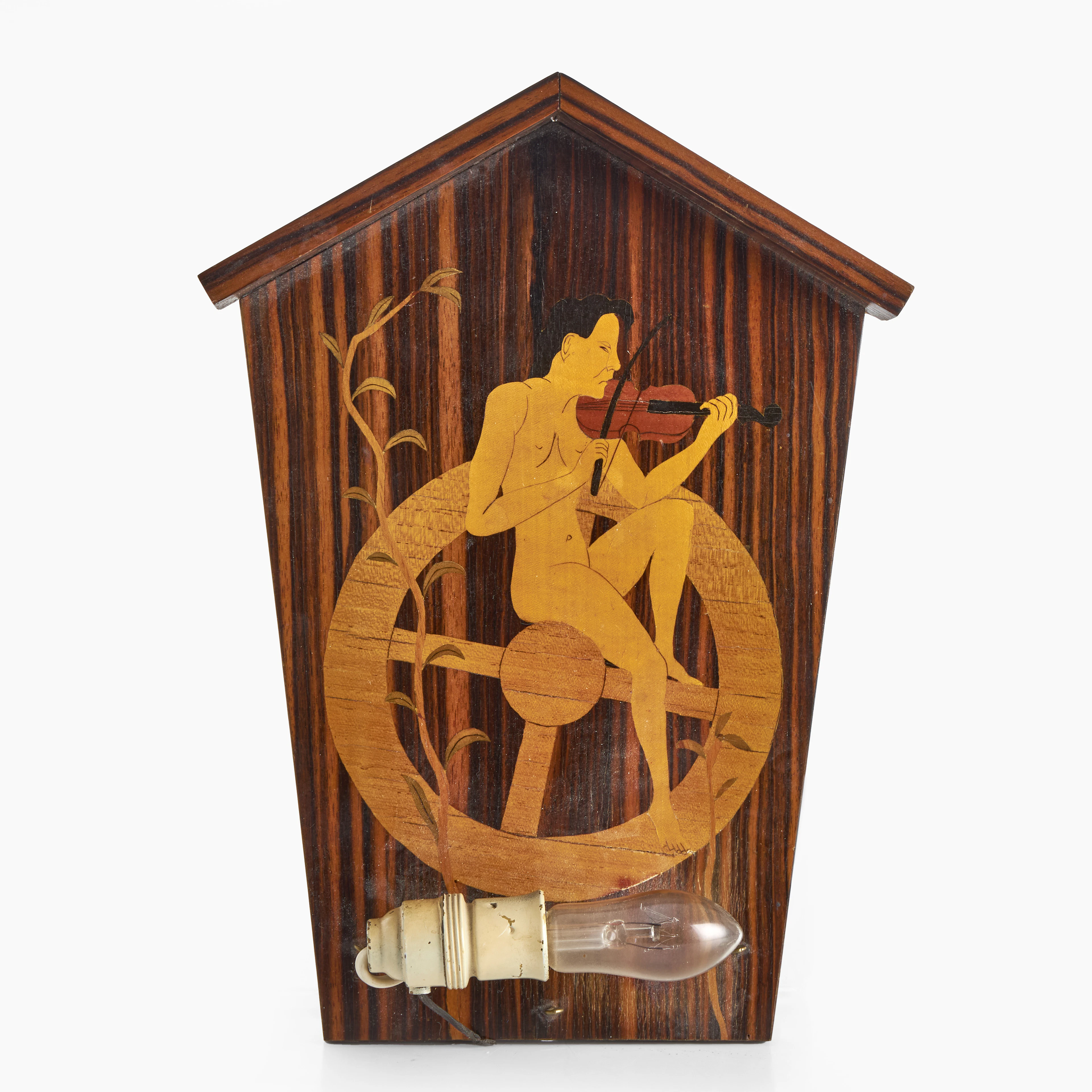 VÄGGLAMPA, intarsiadekor med motiv av näcken, 1930/40-tal. Art Deco.