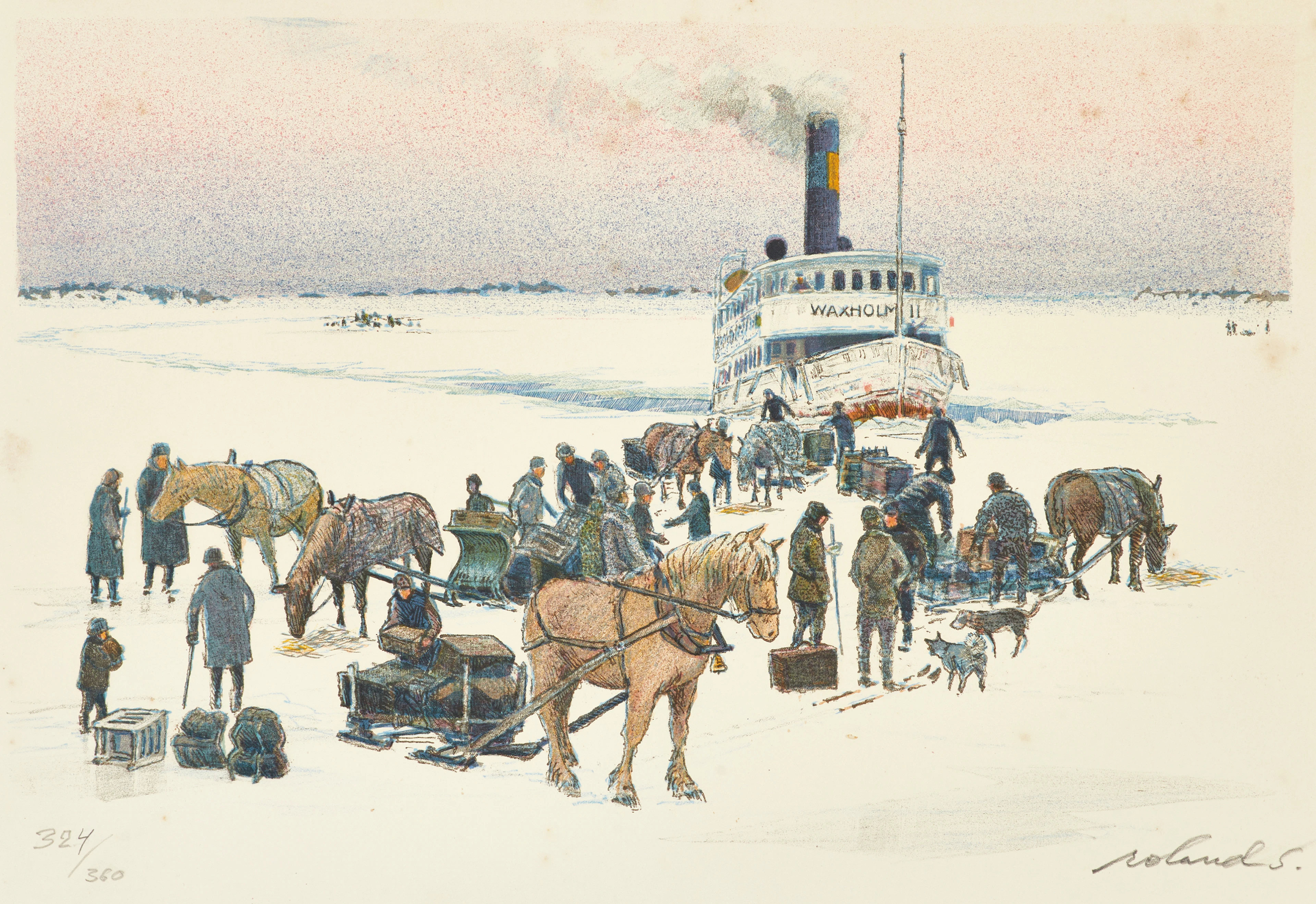 ROLAND SVENSSON (1910-2003). "Möte på isen", ur mappen Den Gamla Ångbåten