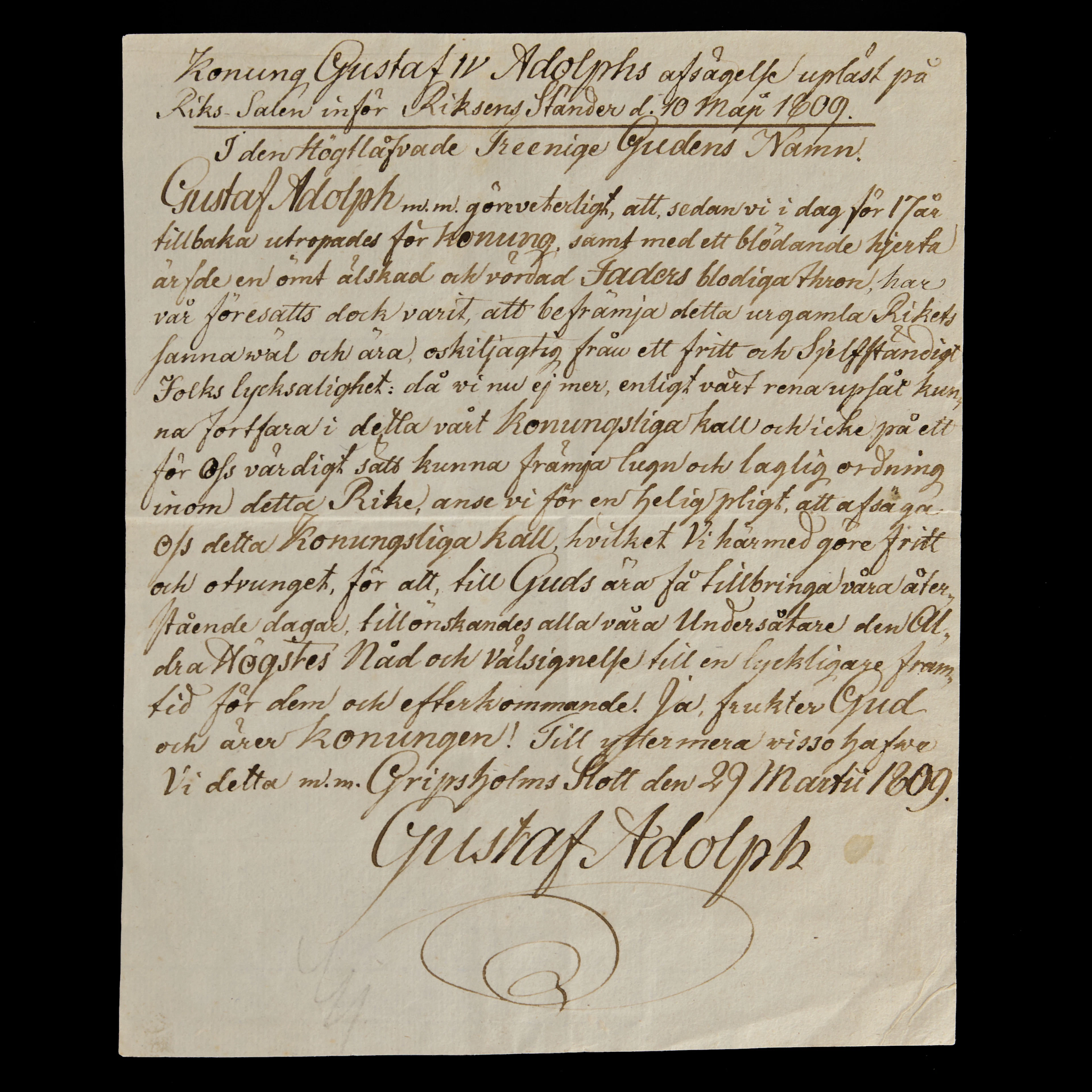 GUSTAF IV ADOLPH, efter, originalavskrift av konungens abdikationsakt.