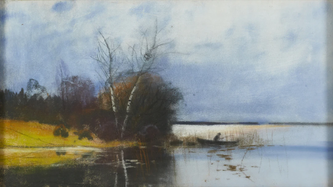 OKÄND KONSTNÄR. Fiskare i eka, pastell.