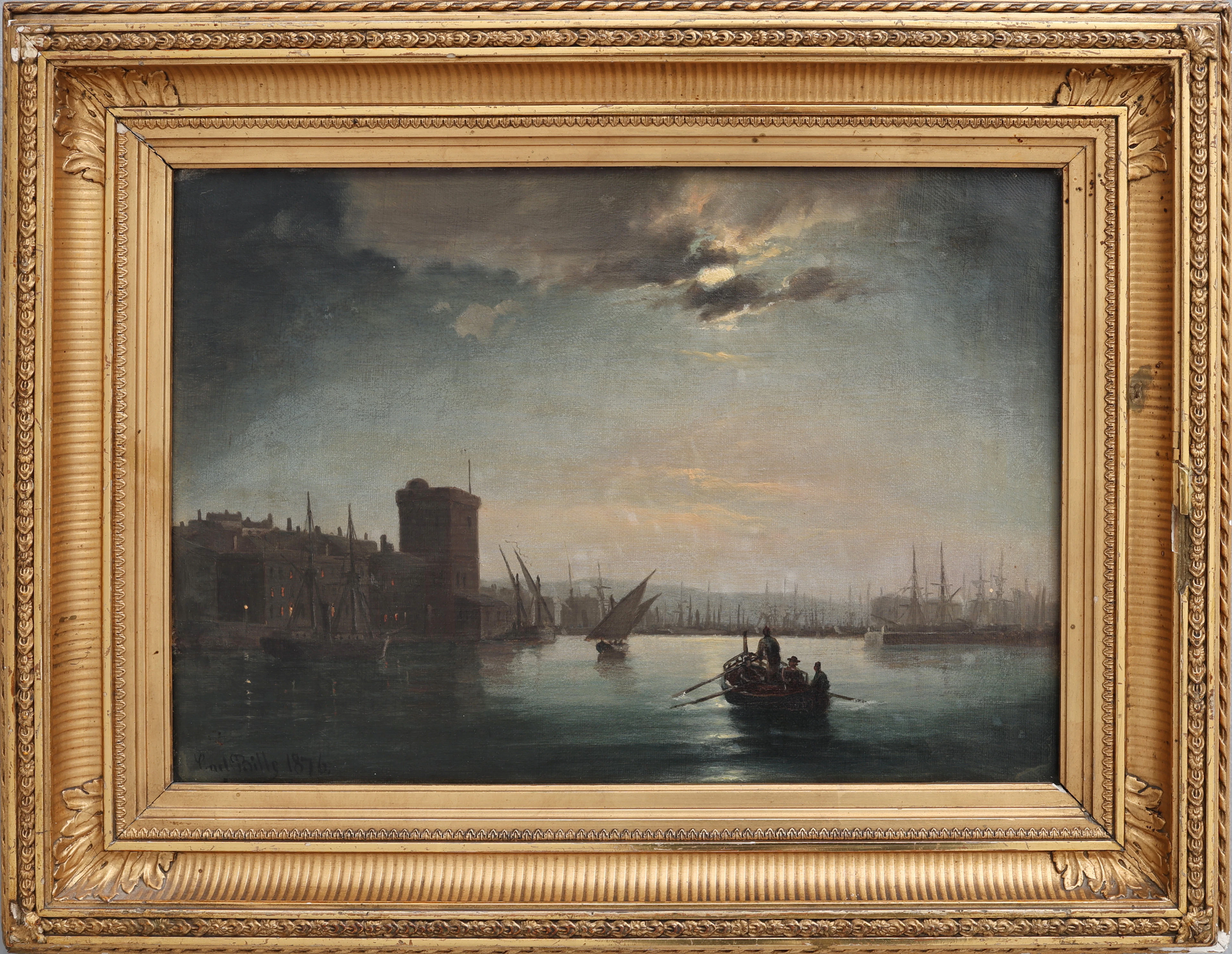 CARL LUDWIG BILLE. "NATT I HAMNEN I MARSEILLE". OLJA PÅ DUK.