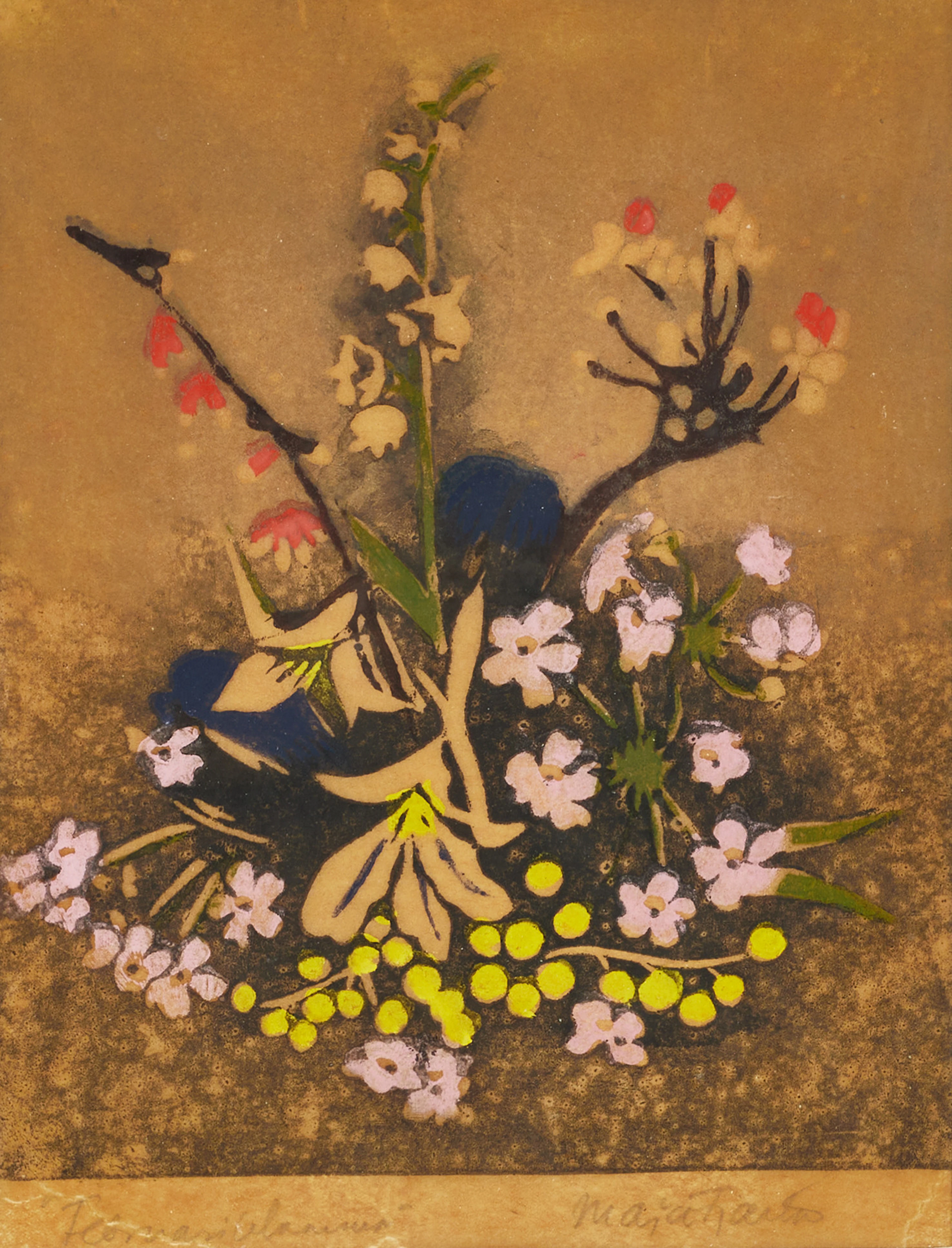 MAJA FJAESTAD (1873-1961). "Februariblommor", signerad, färgträsnitt.