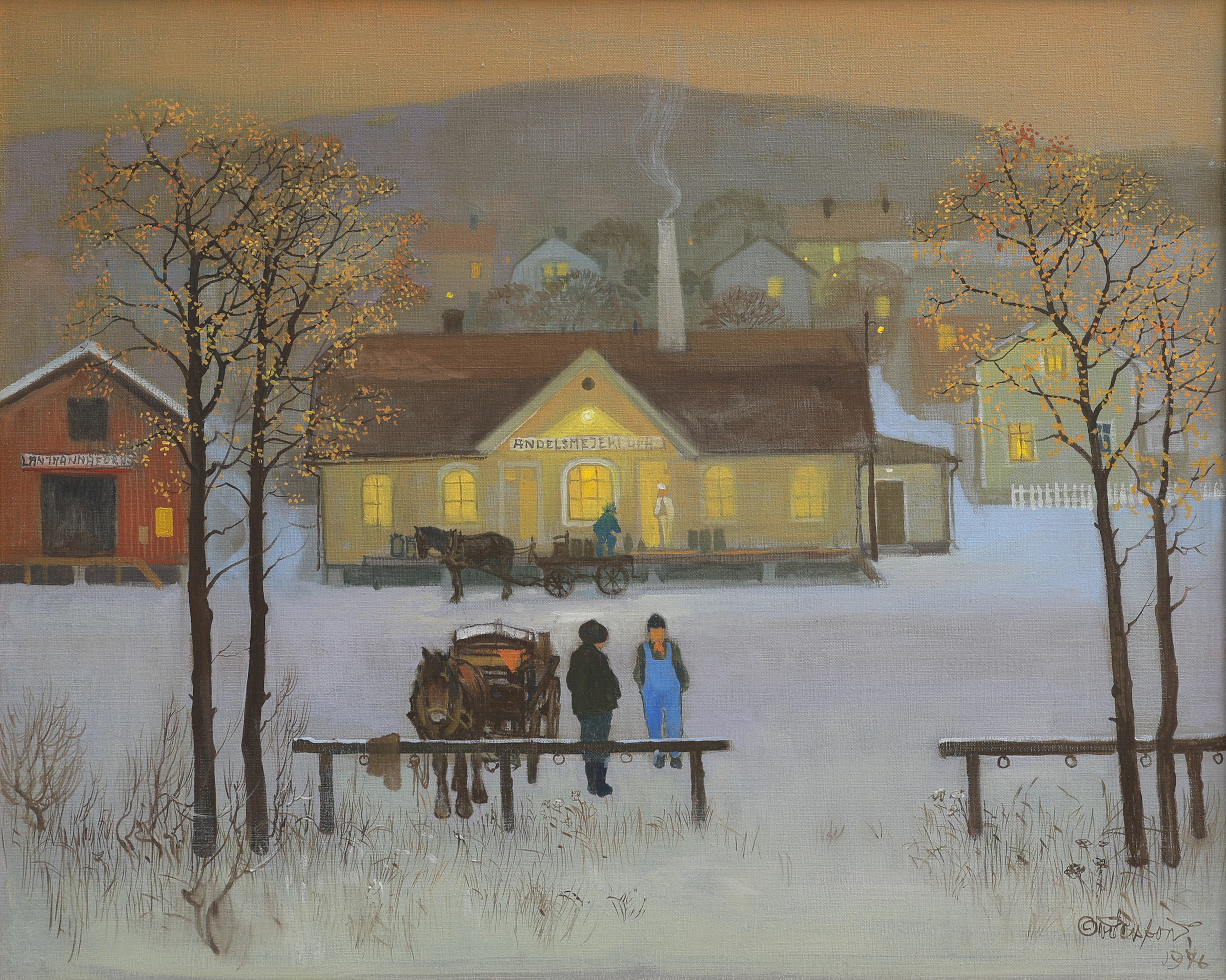 OVE PERSSON. OLJA PÅ DUK, "TILL MEJERIET", SIGNERAD OCH DATERAD 1976.