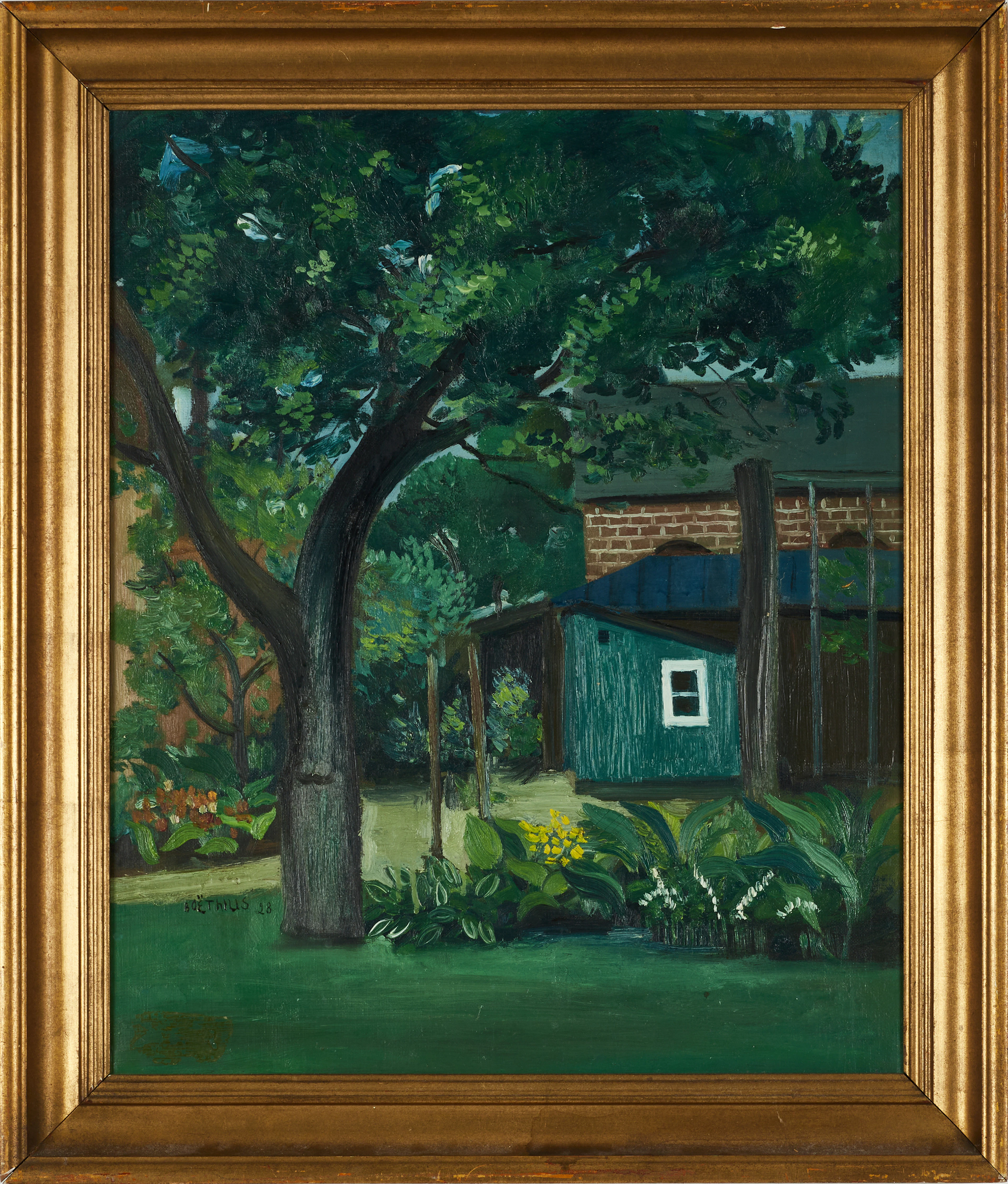 LARS BOËTHIUS (1903-1968), Gårdsexteriör med träd och växter, signerad