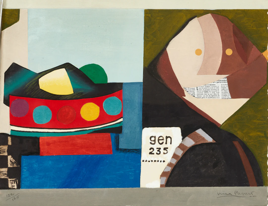 MAX PAPART (1911-1994). Komposition. Signerad 122/125. Färgetsning med collage.