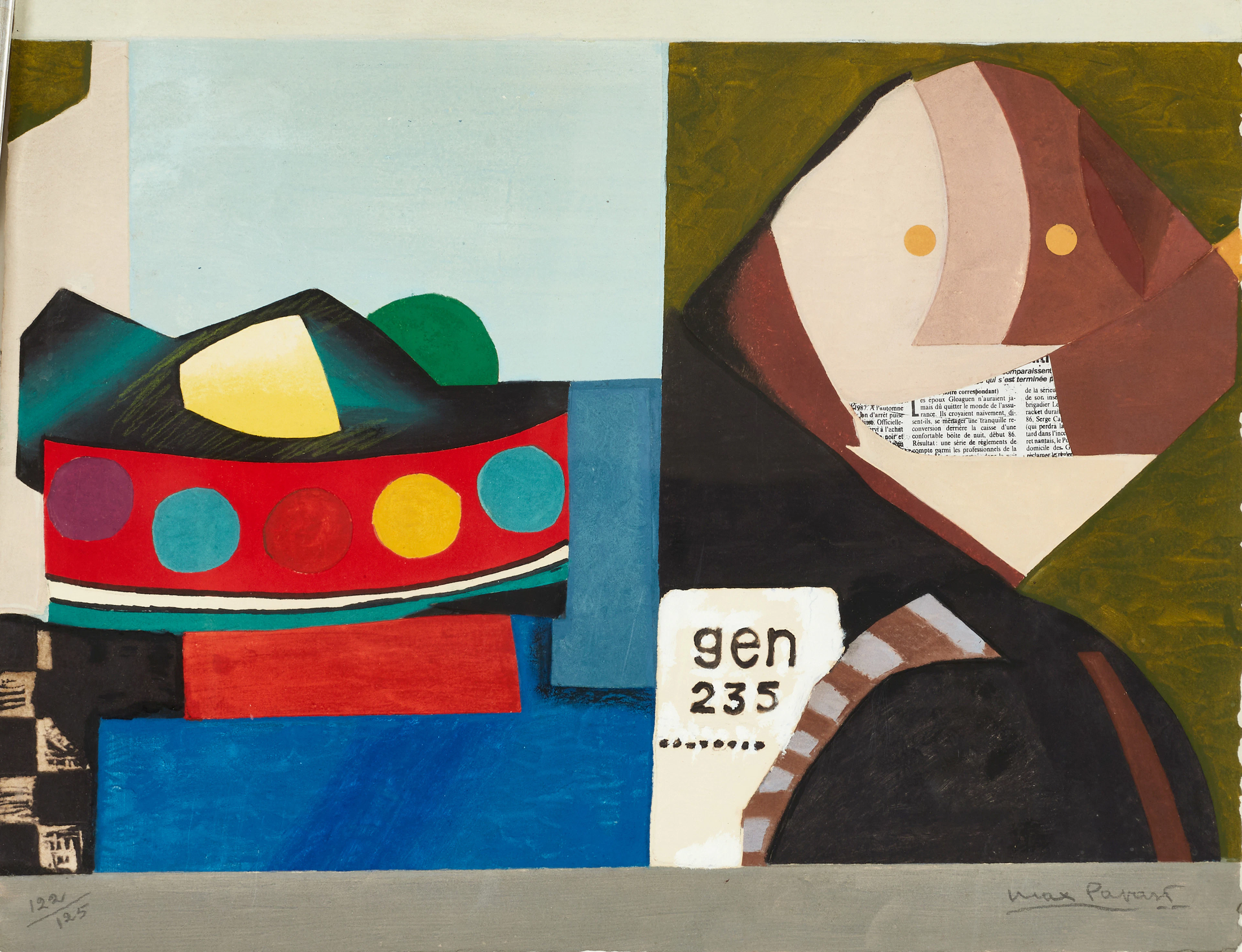 MAX PAPART (1911-1994). Komposition. Signerad 122/125. Färgetsning med collage.