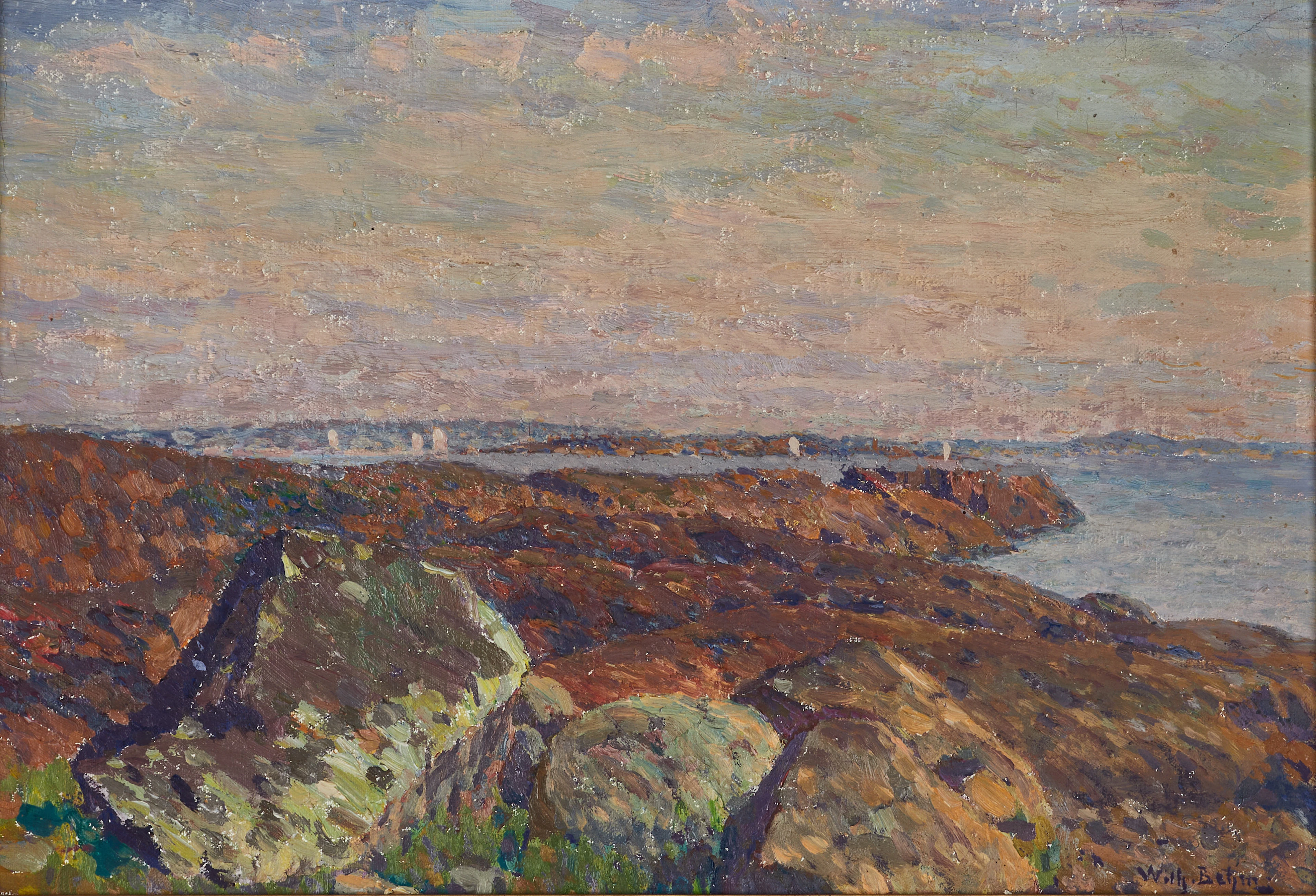 WILHELM BEHM (1859-1934): Skärgårdslandskap, rosig aftonhimmel, signerad