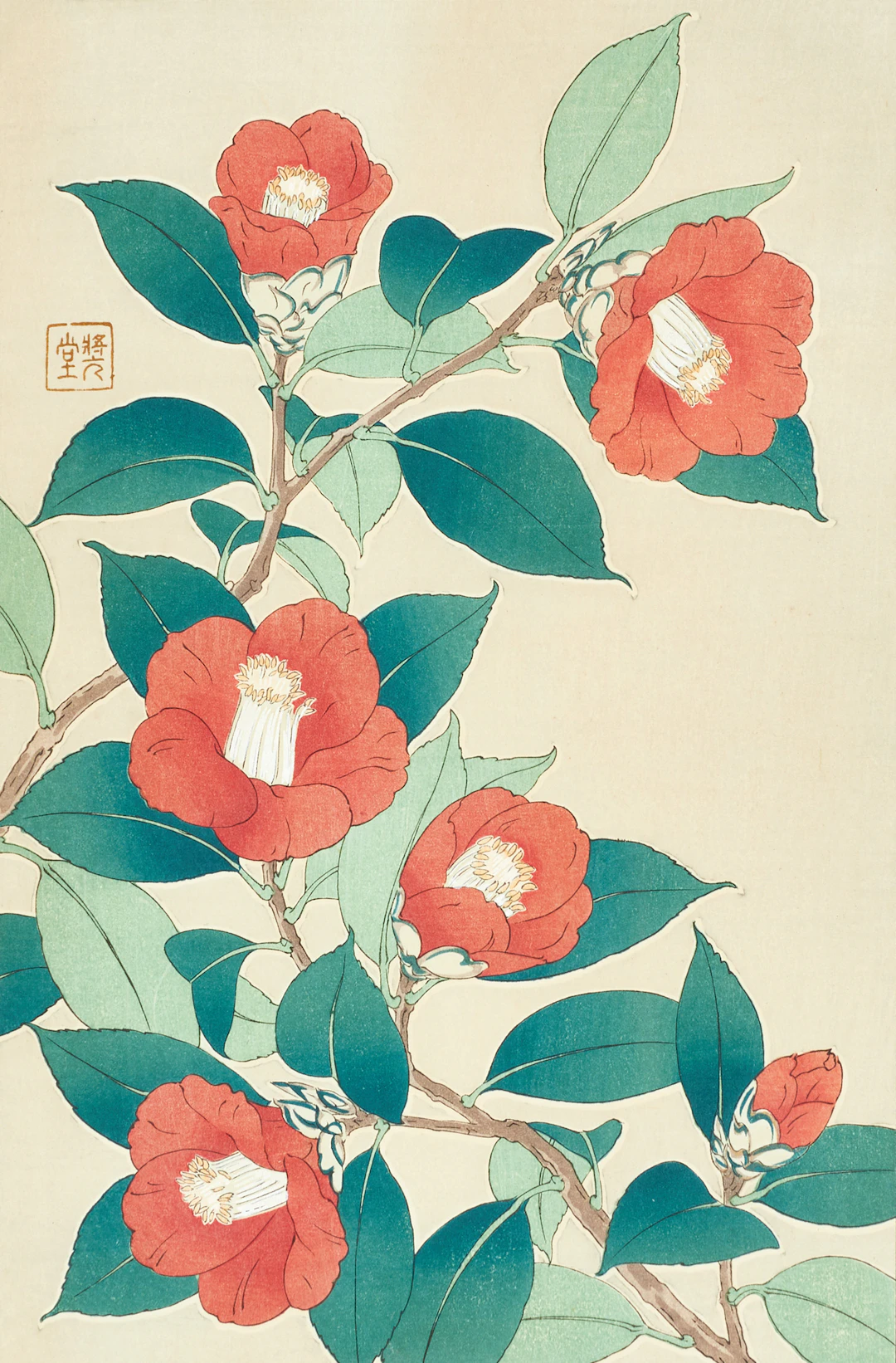 KAWARAZAKI SHODO (1889-1973), "Tsubaki" (Kamelia), färgträsnitt daterat