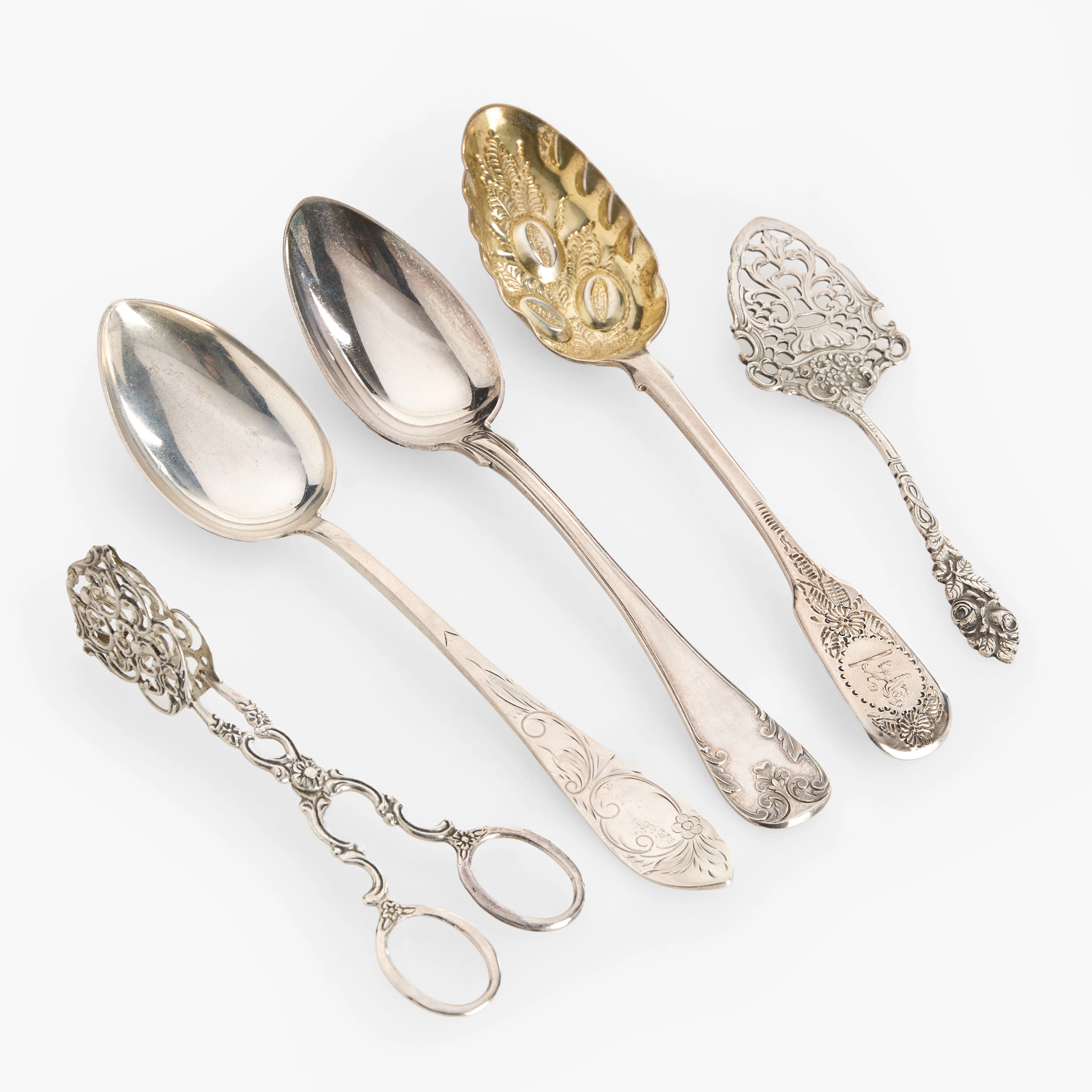 SILVER, 5 delar, bland annat kompottsked i sterlingsilver av William