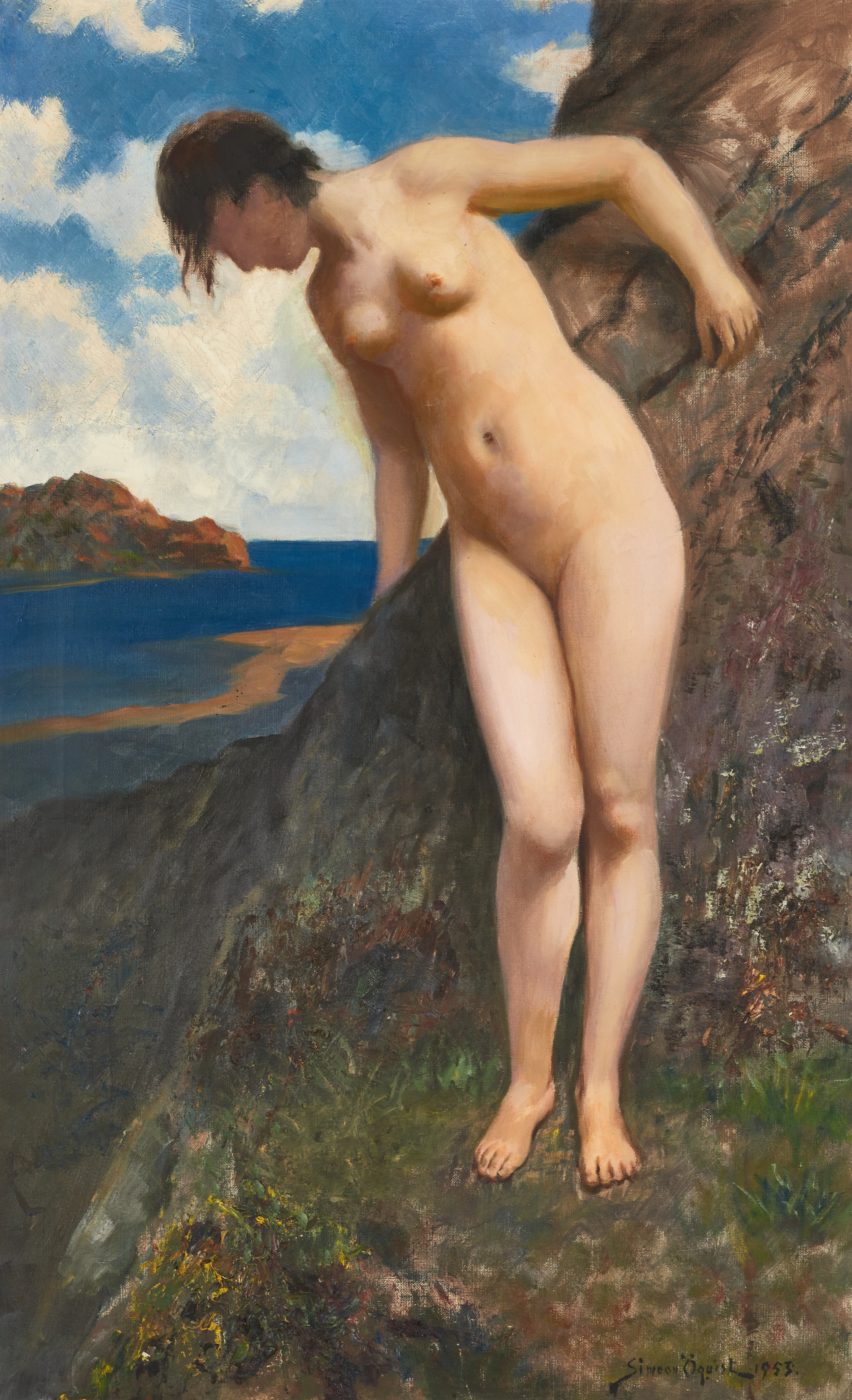 SIMON ÖQUIST (1868-1955). Nakenstudie vid klippor. Signerad och daterad