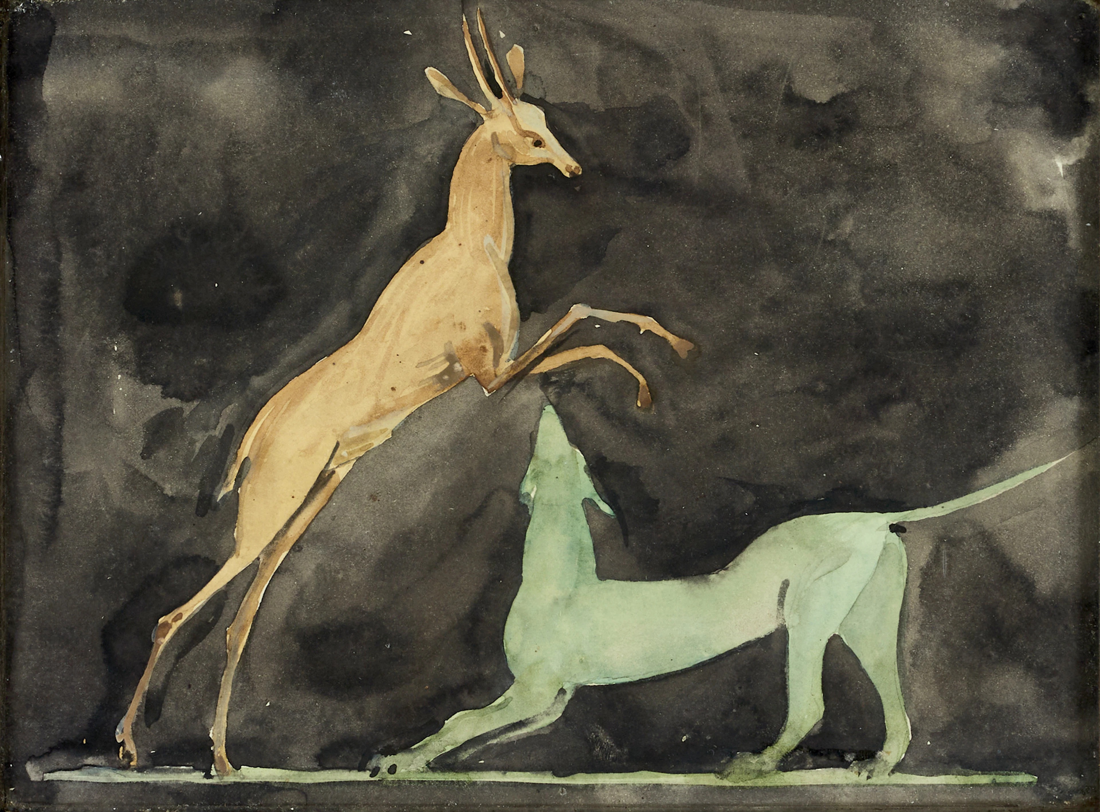 HUGO GEHLIN (1889–1953). Motiv med hund och hjort, efter förlaga från