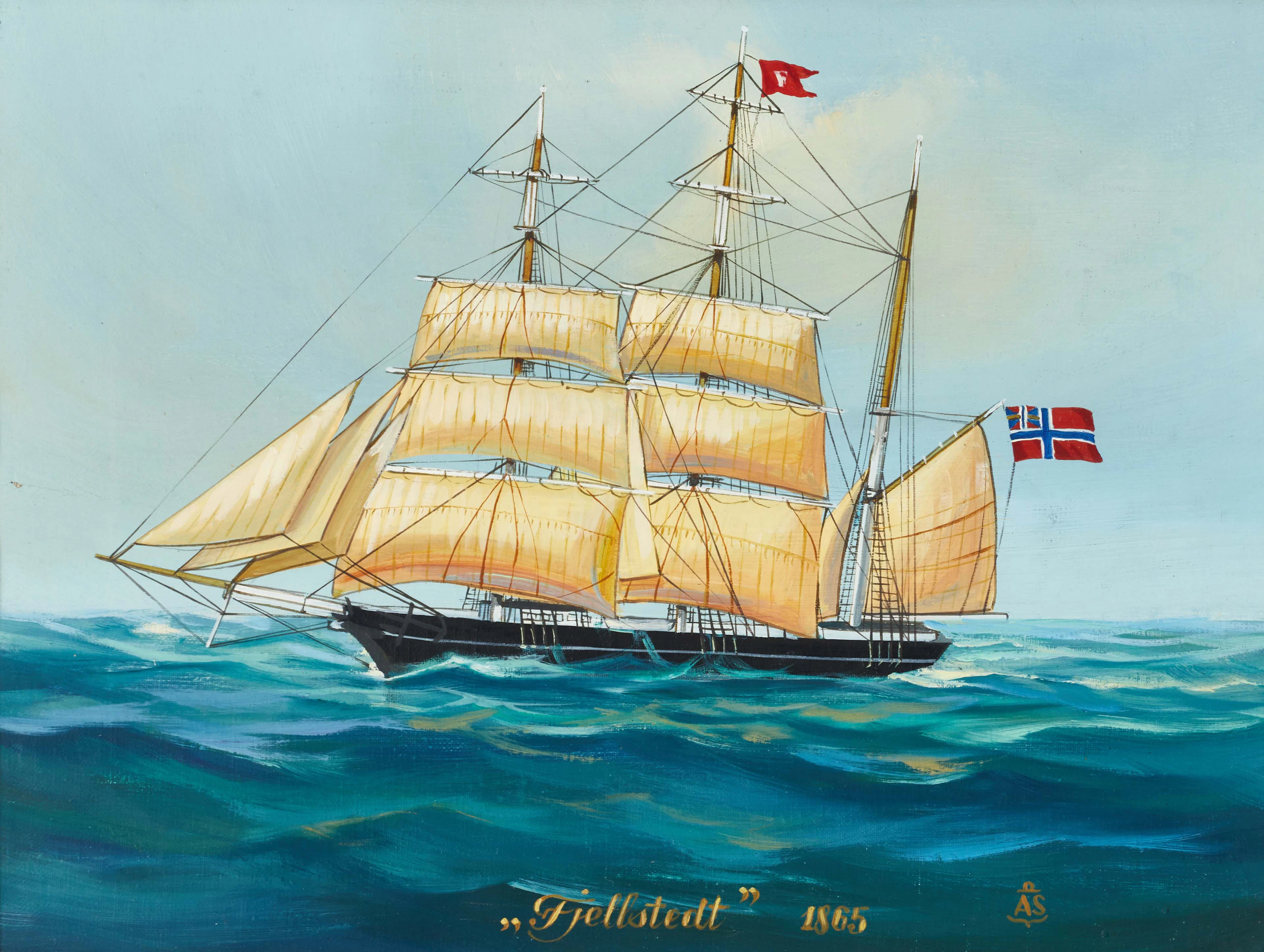 FARTYGSPORTRÄTT. "Fjellstedt" (1865), monogramsignatur "AS" med ankare