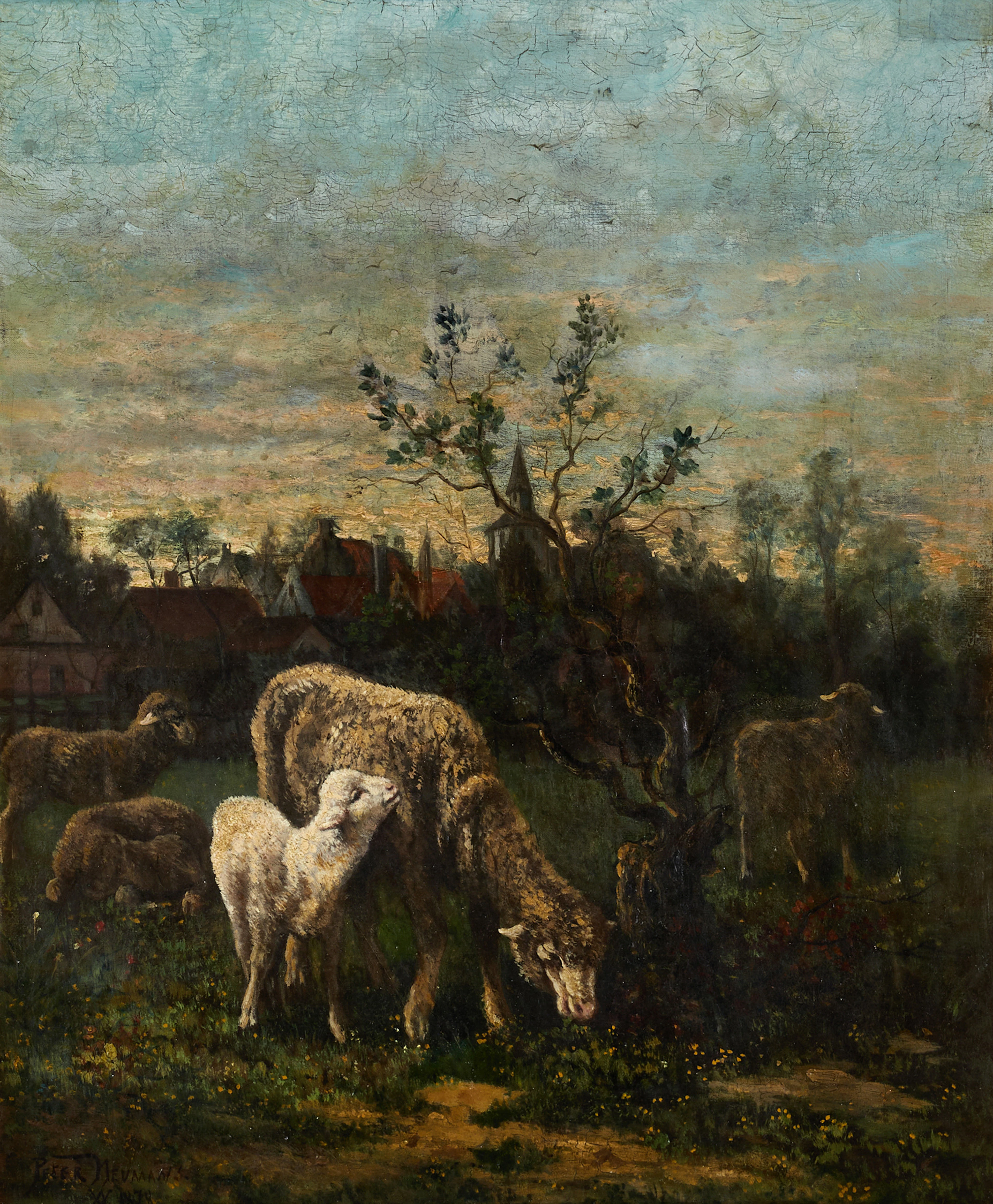 FRANSK SKOLA (1800-tal). Gårdslandskap med får, signerad Peter Neumans