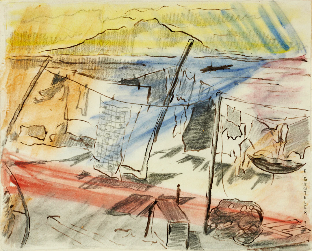EDVARD BECHTELER (1890-1983). Torklina vid vattnet, signerad E Bechteler
