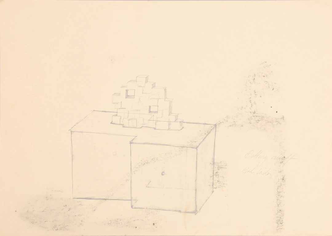 STINA EBERS 1962-2025. GRAFIT PÅ APPER, "BETTONGRELIEF GUL LÅDA", 1980-TAL.