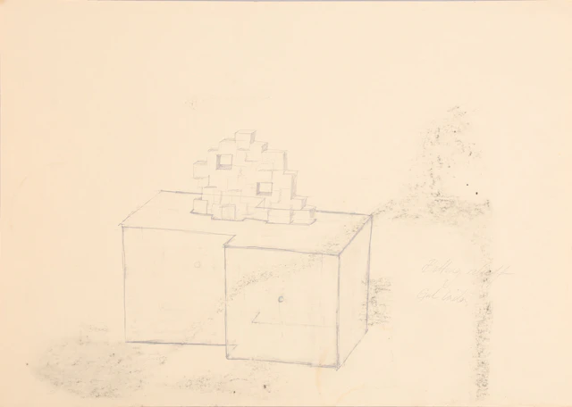STINA EBERS 1962-2025. GRAFIT PÅ APPER, "BETTONGRELIEF GUL LÅDA", 1980-TAL.