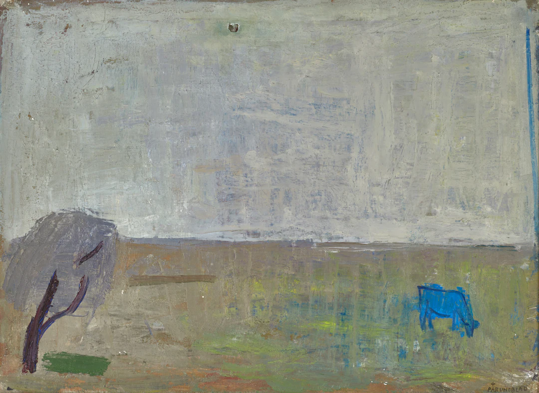 PÄR LINDBLAD (1907-1981). Landskap med blå ko, signerad, olja på duk.