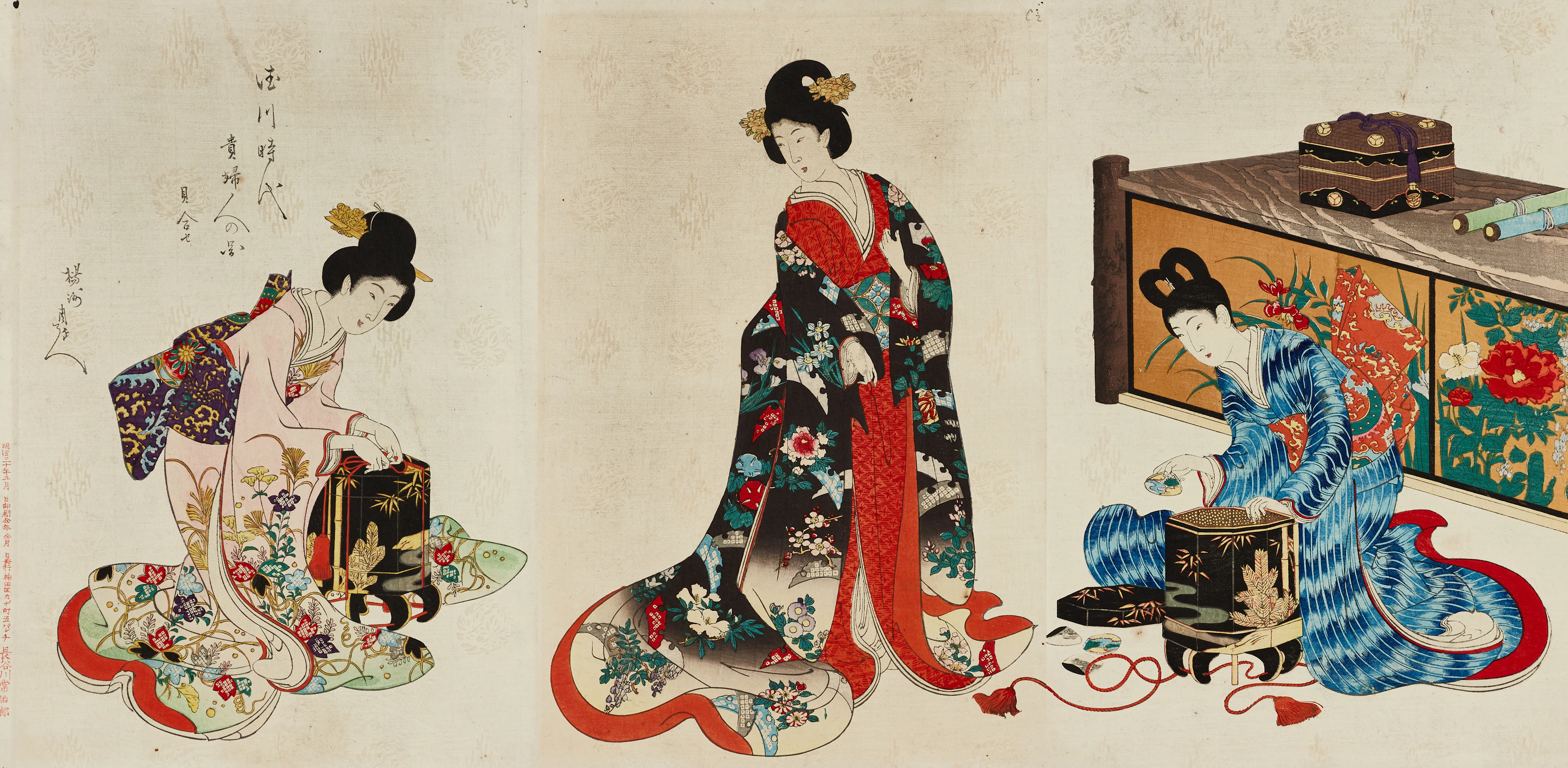 YOSHU CHIKANOBU (Japan 1838-1912), triptyk, Kimono fitting from the