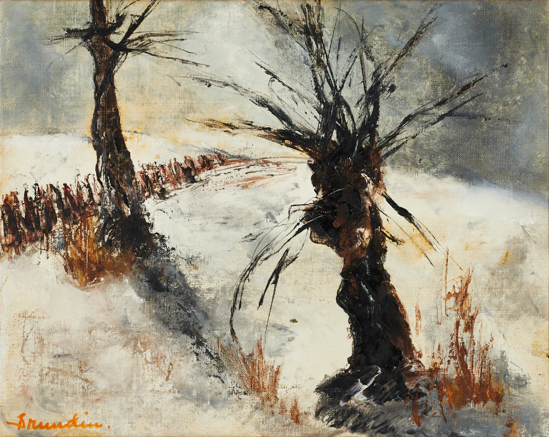 HANNA BRUNDIN (1914-2000). Pilar i vinterlandskap, signerad Brundin