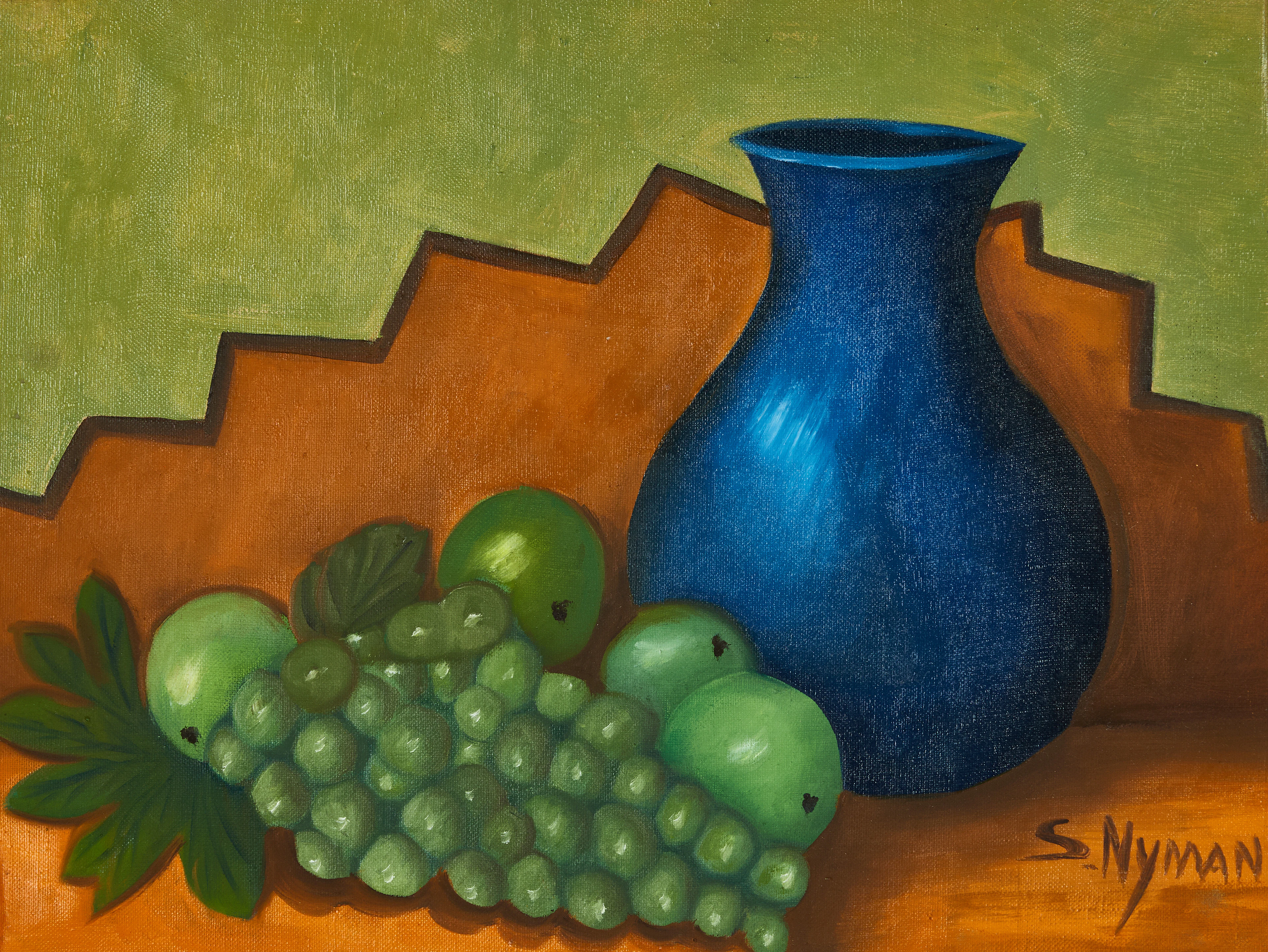 SVEA NYMAN (1902-1986), Stilleben med gröna frukter och blå vas, signerad