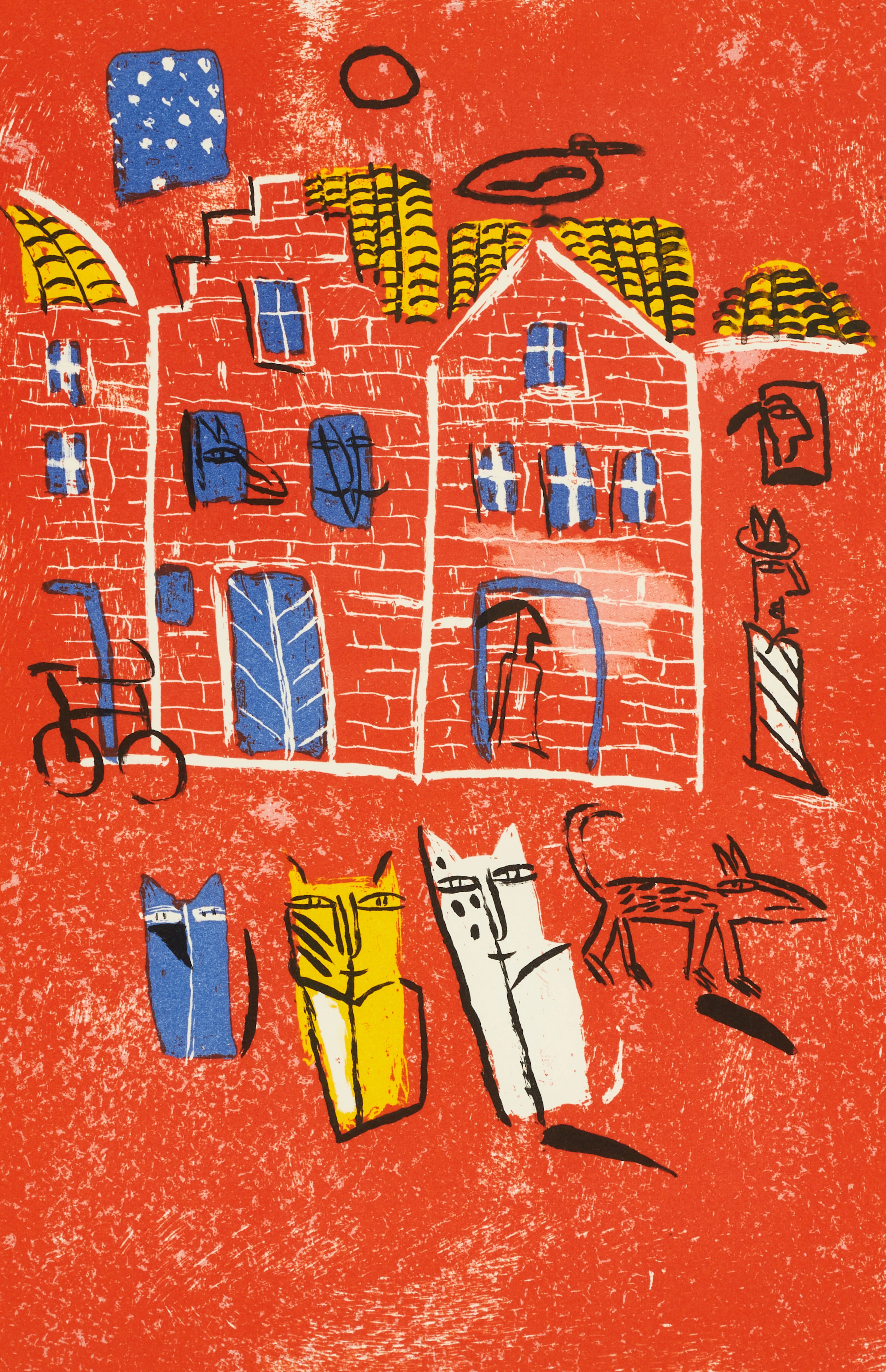 MADELEINE PYK. (f. 1934), stadskvarter med katter och fiskmås, sigerad