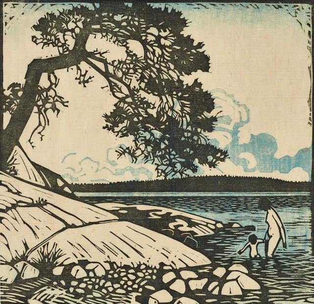 PER FISCHER (1877-1974). Badande kvinna och barn, signerad, numrerad