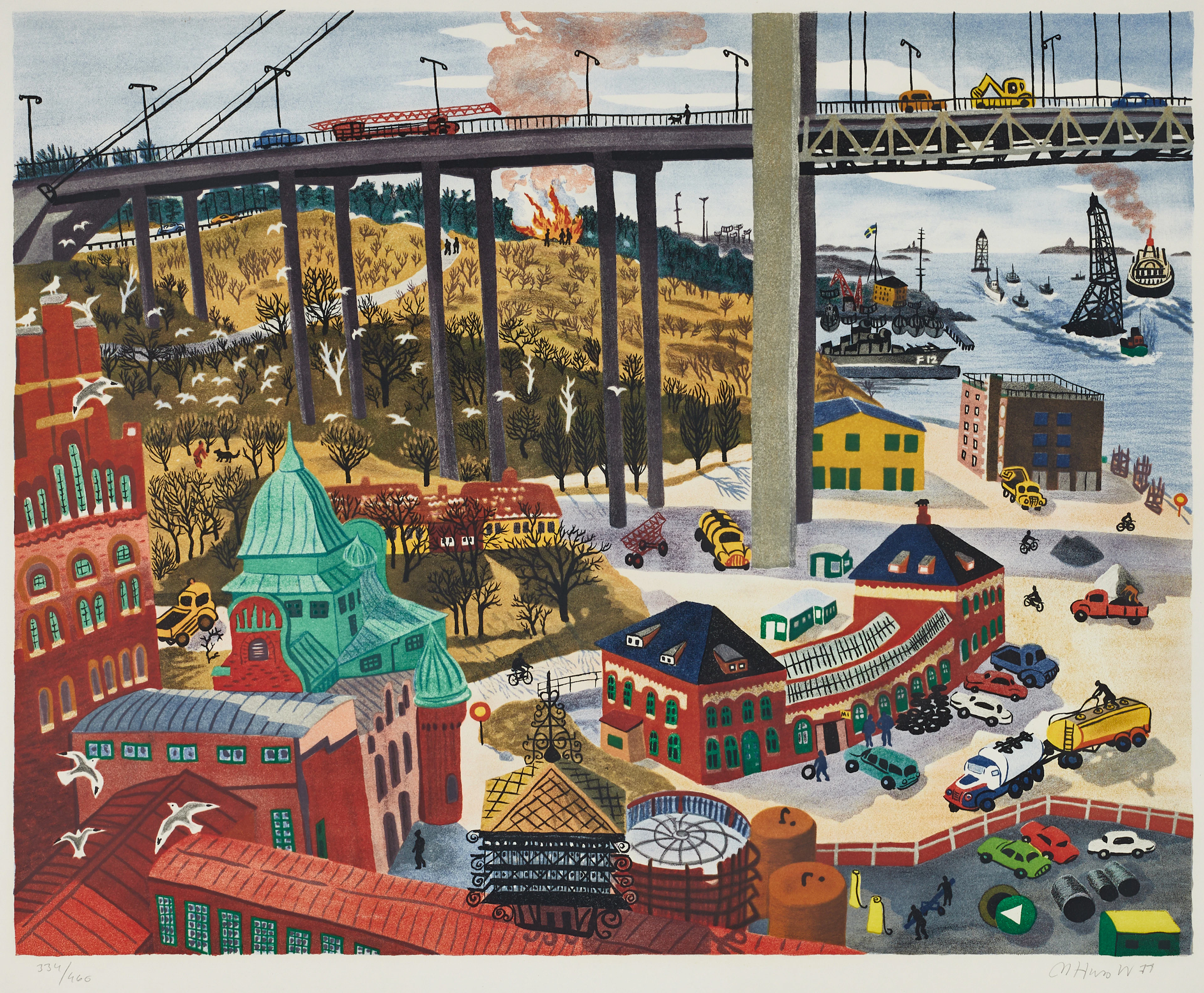 MONA HUSS WALIN (född 1944). "Älvsborgsbron", Göteborgs hamn, signerad