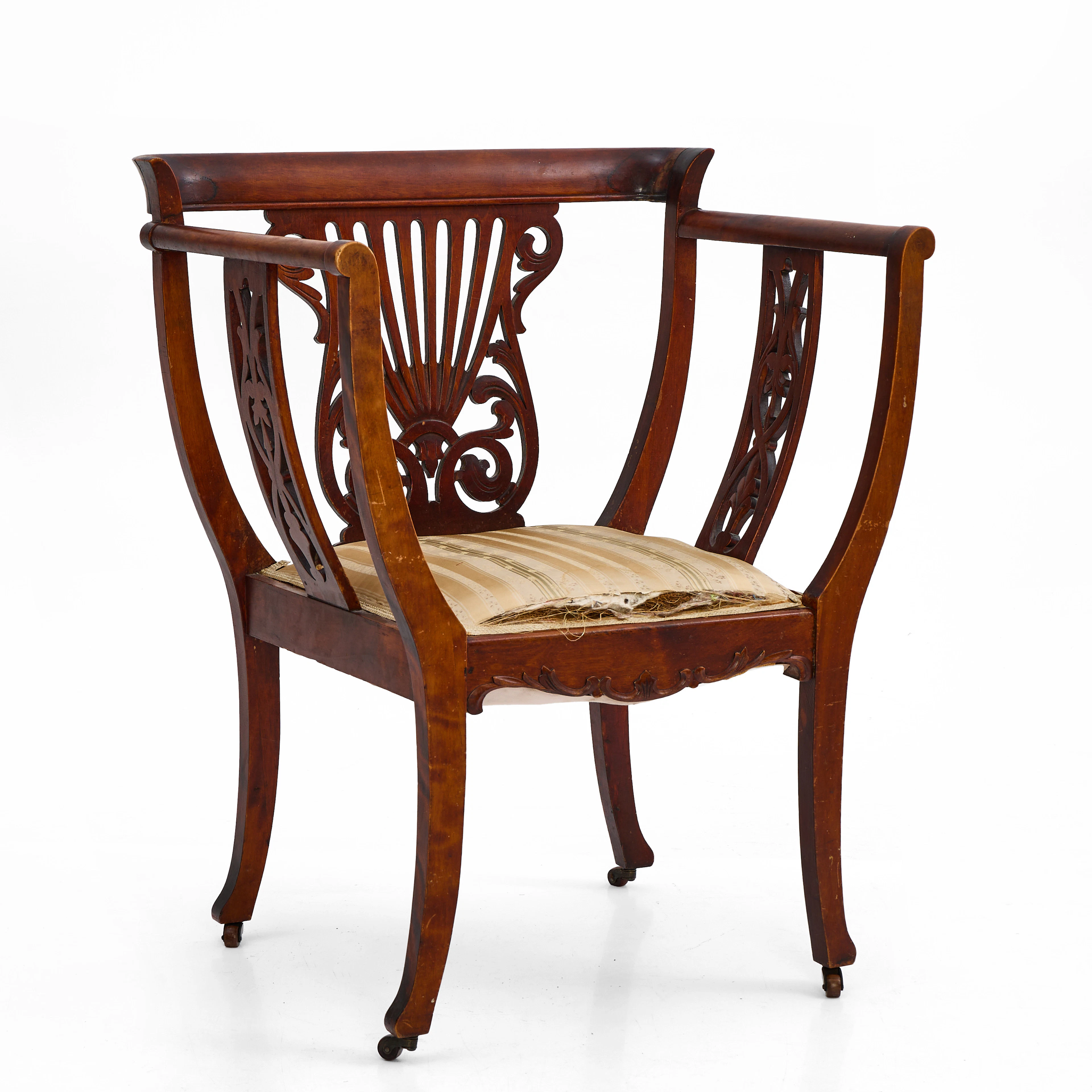 KARMSTOL, jugend, 1800/1900-tal, mahogny, genombuten ryggbricka, träskuren