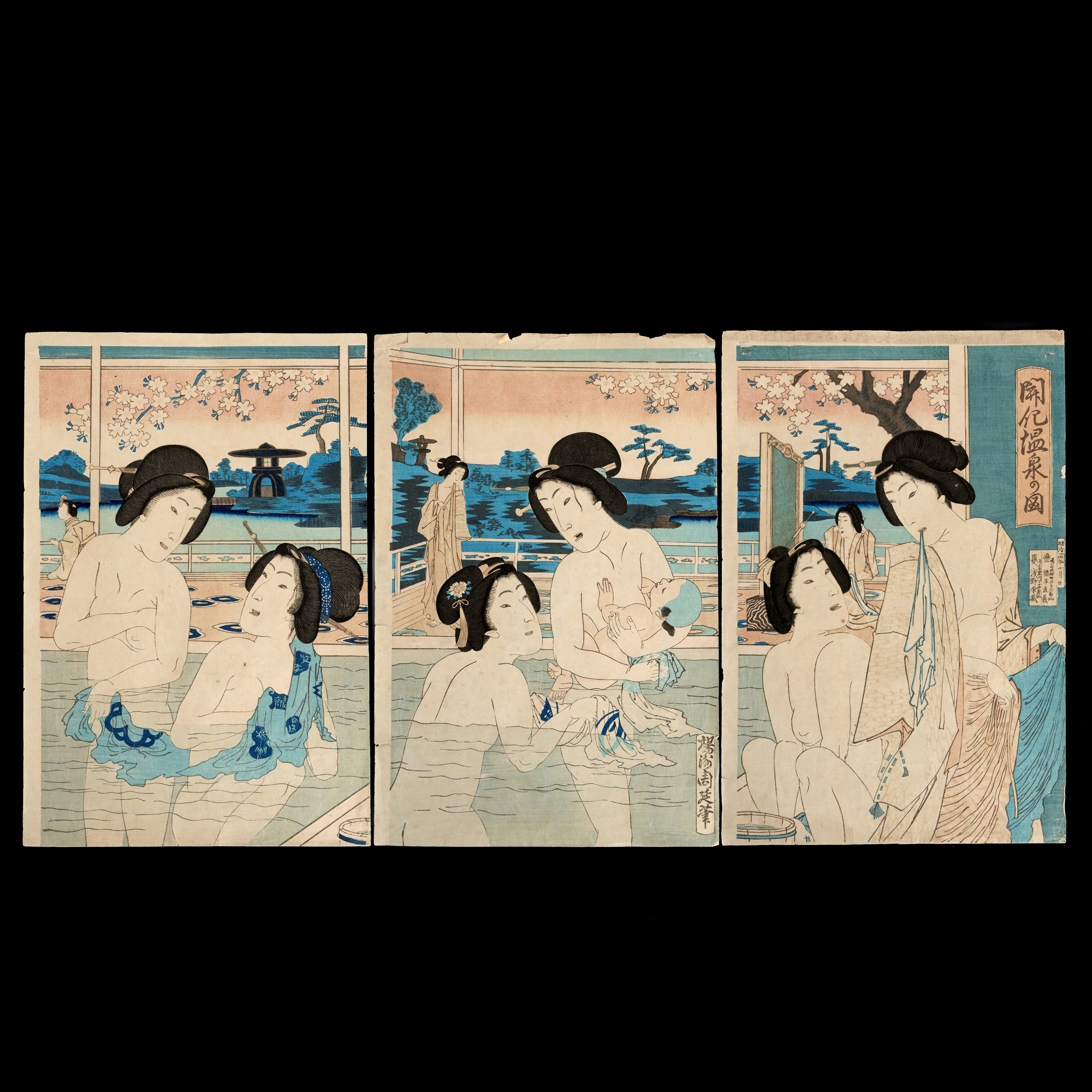 CHIKANOBU (1838-1912). Kaikas heta källor, (Kaika onsen no zu), triptyk