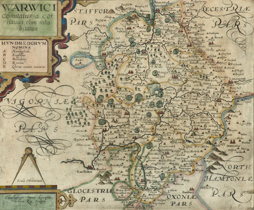KARTA ÖVER WARWICKSHIRE AV SAXTON, WILLIAM KIP, 1607.