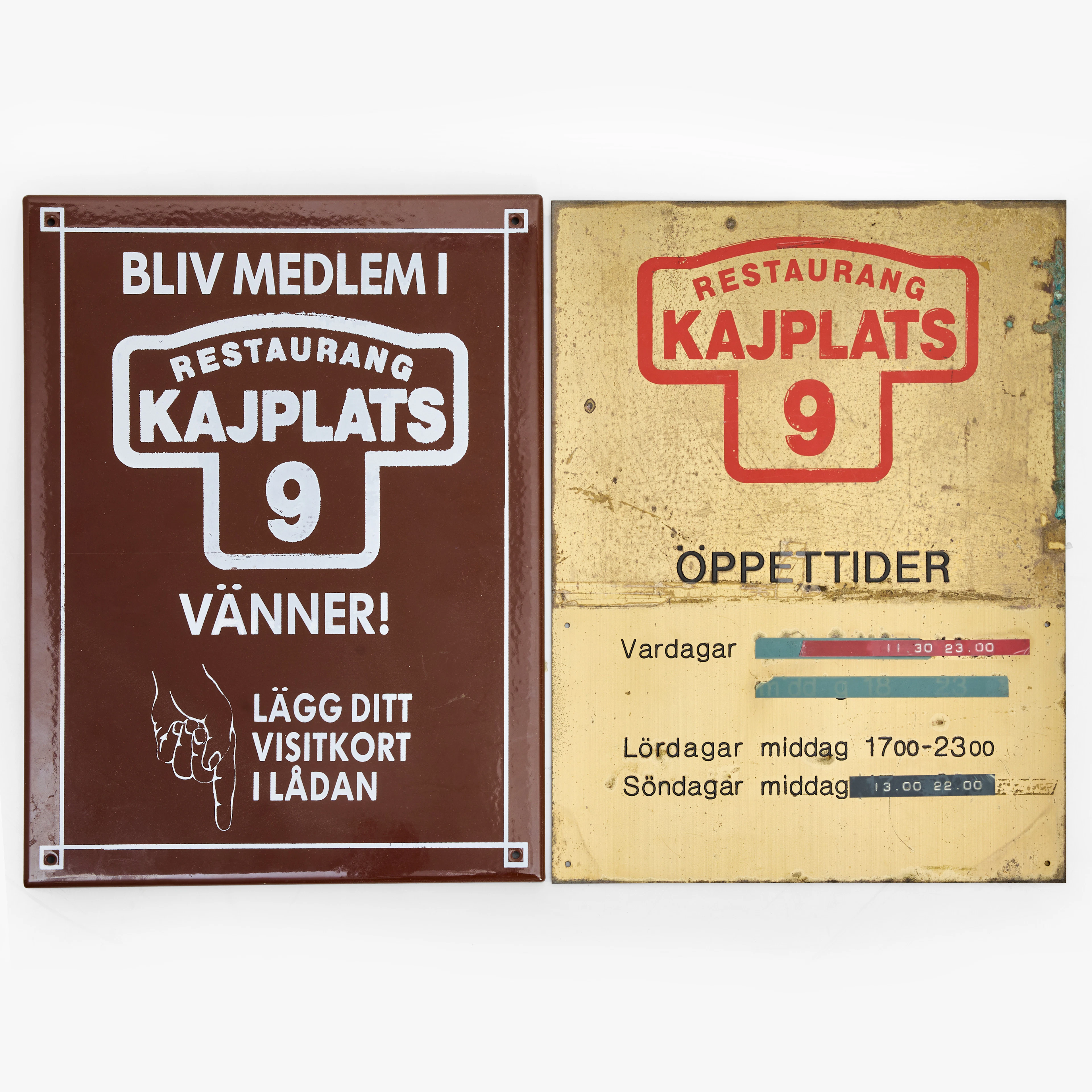 SKYLTAR, 2 st., "Restaurang Kajplats 9", emaljerad plåt och mässing