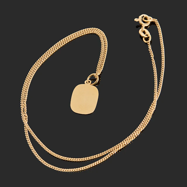 HALSBAND, 18k guld, halskedja pansar-länk, hänge i form av bricka.