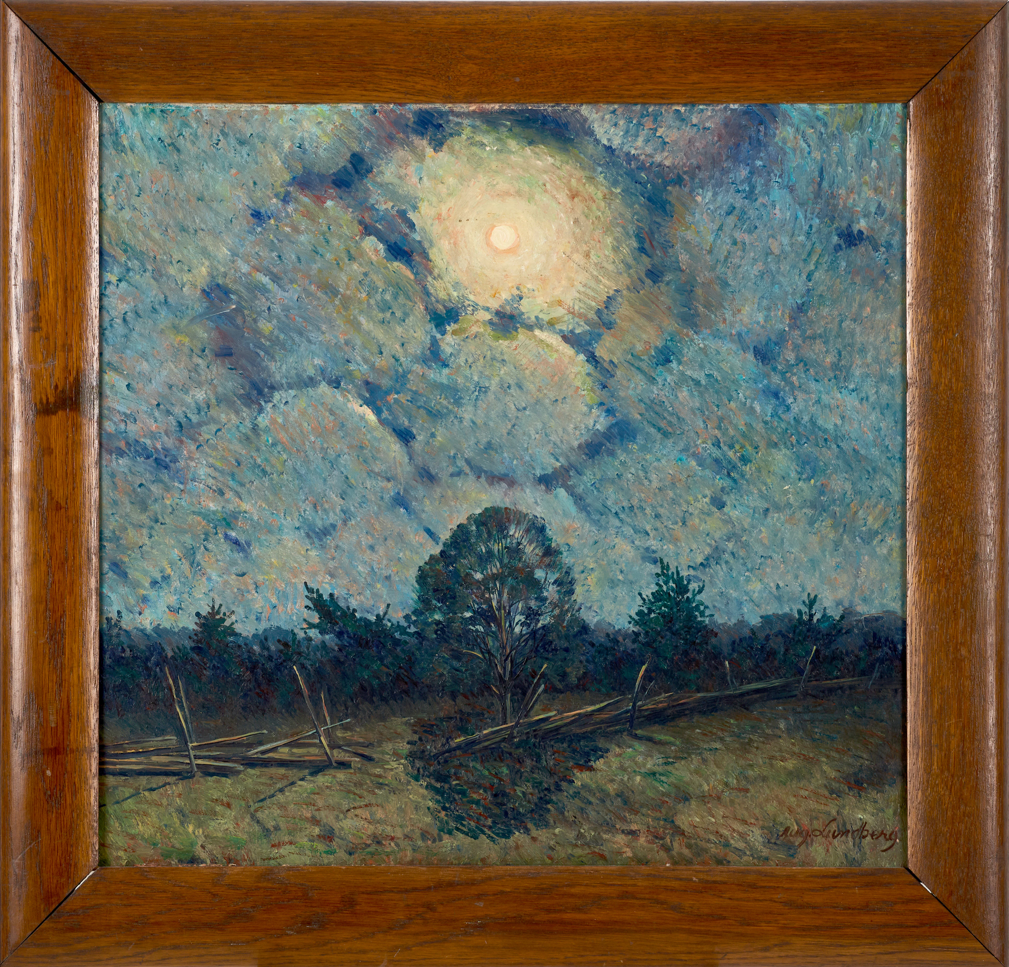 AUGUST LUNDBERG (1882-1946), Månskenslandskap med gärdsgård, signerad