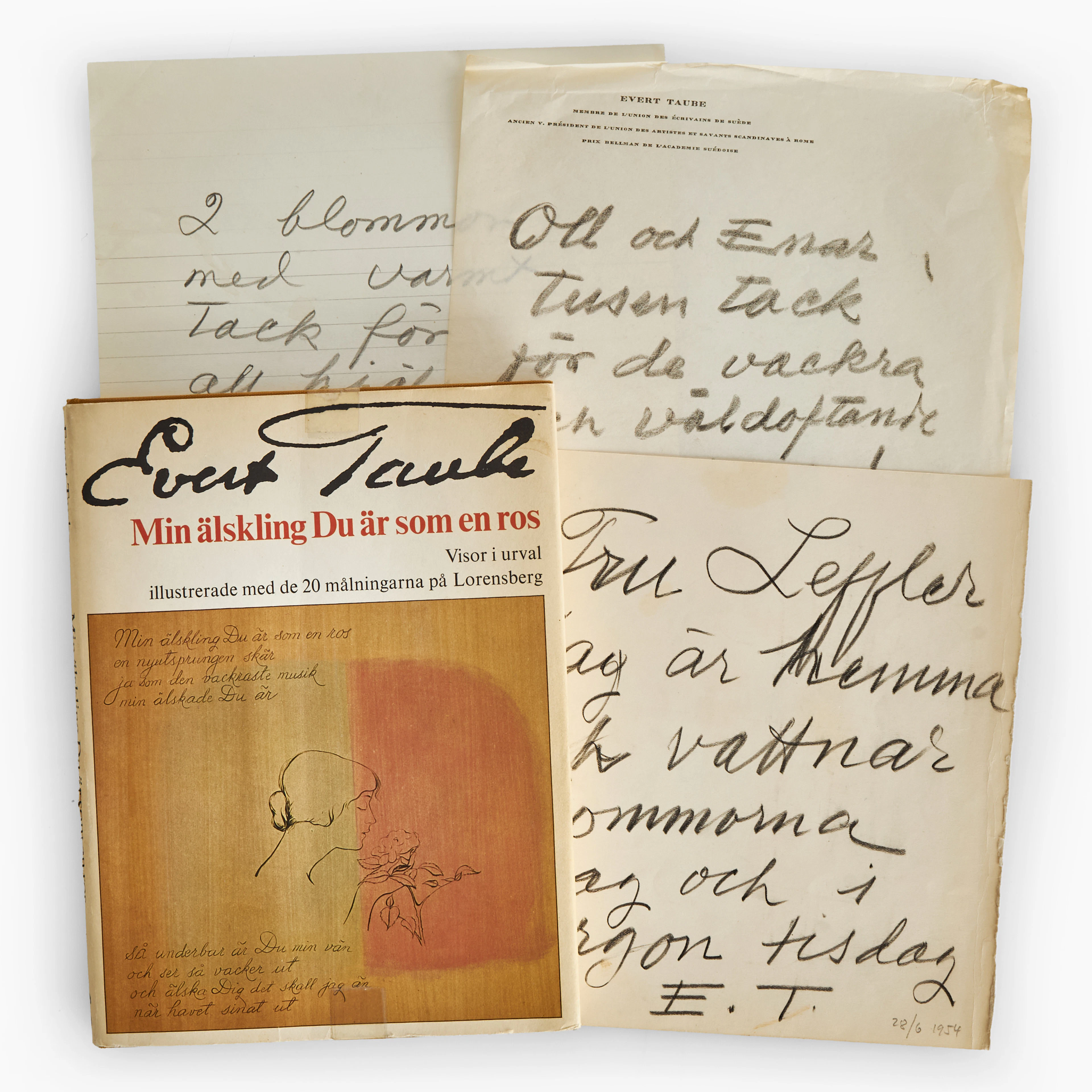 EVERT TAUBE, BREV (3) samt BOK (1), "Min älskning Du är som en ros"