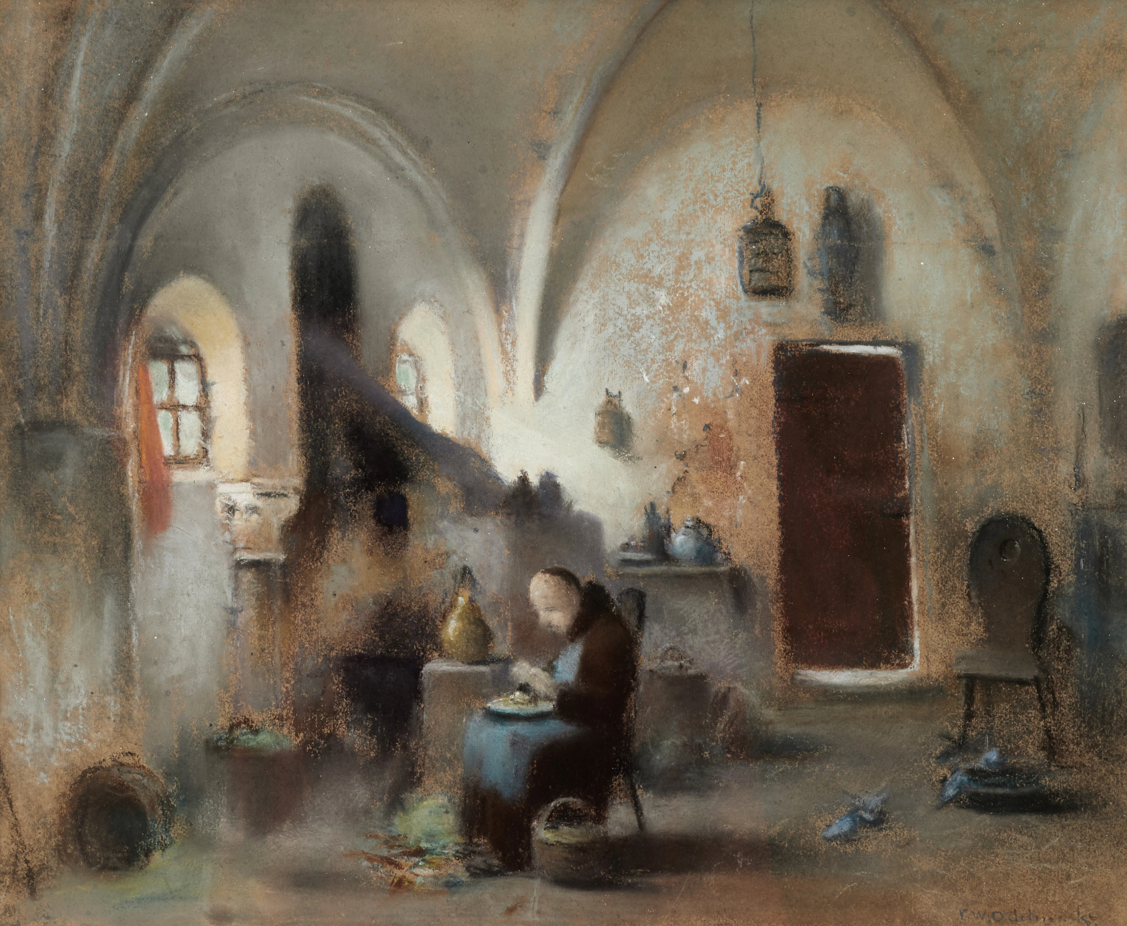 FRANZ WILHELM ODELMARK (1839-1937). Klosterkällare med munk, pastell, signerad.