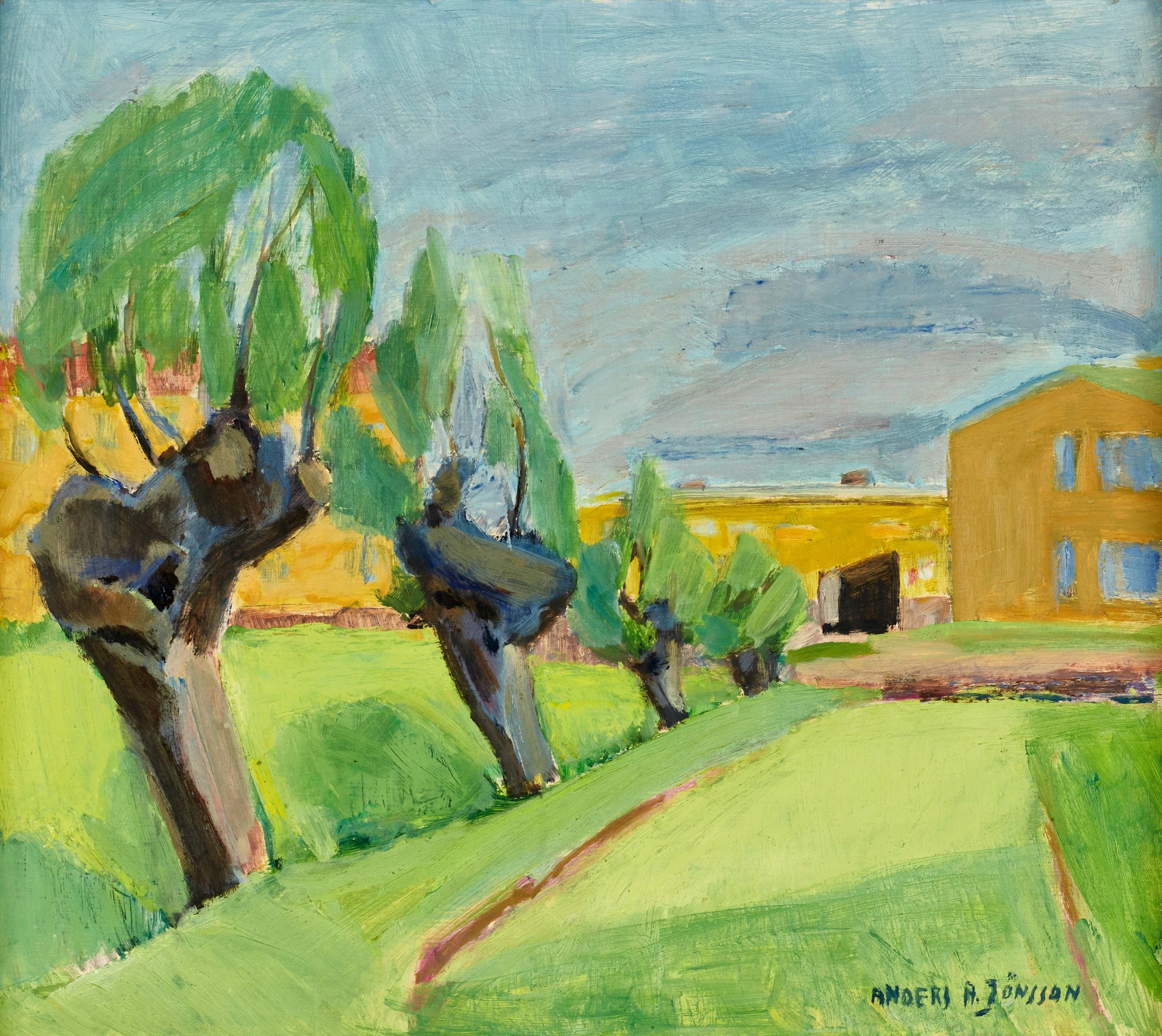 ANDERS A JÖNSSON (1907-2002). "Pilar vid Rosengårdsstaden", olja på