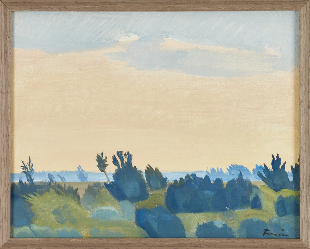 VERA FRISÉN (1910-1990). Öländskt landskap i aftonrodnad, signerad