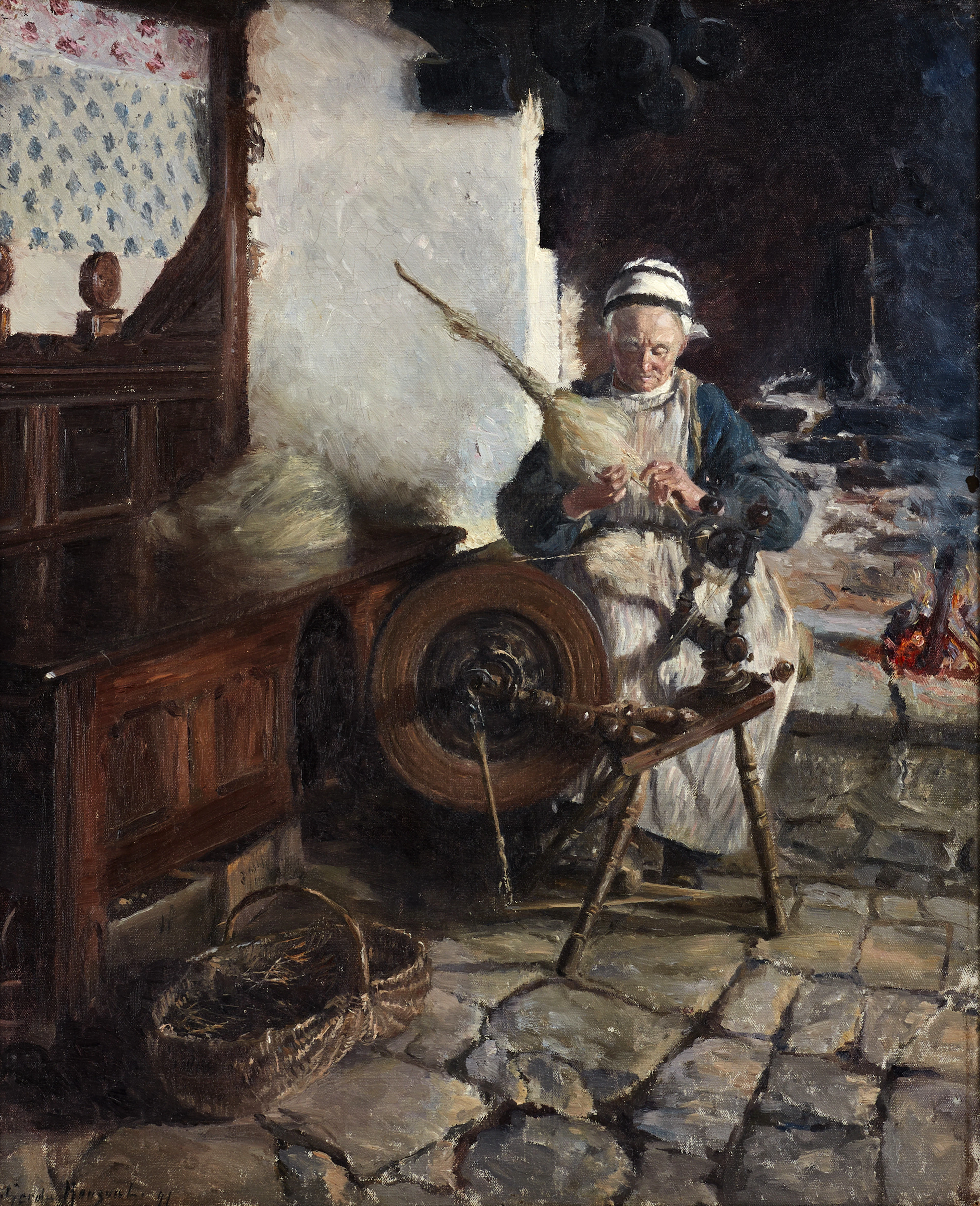 GERDA ROOSVAL-KALLSTENIUS (1864-1939) :Vid spinnrocken - Interiör
