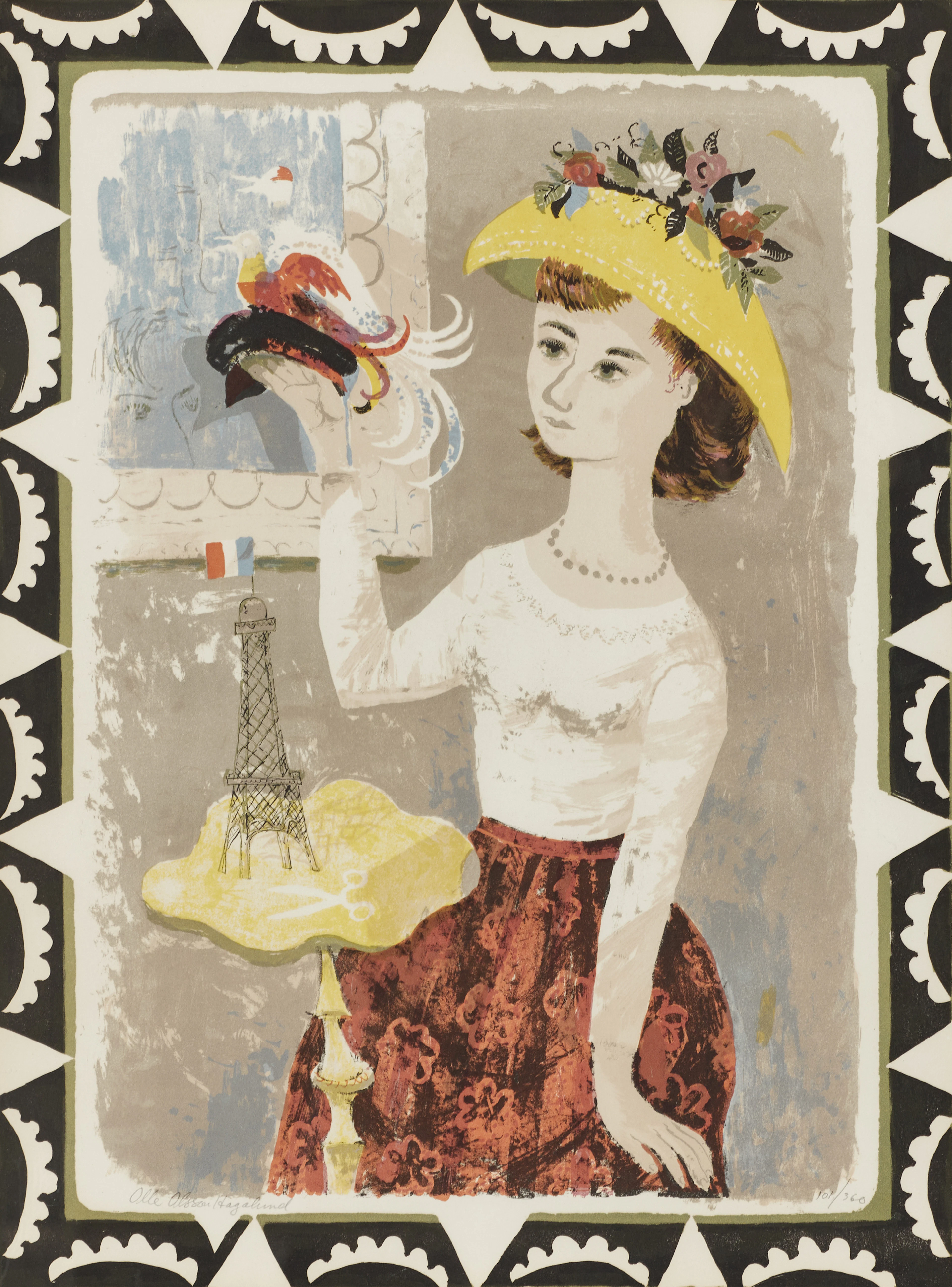 OLLE OLSSON-HAGALUND (1904–1972). Flicka med fåglar - Parisiska, signerad