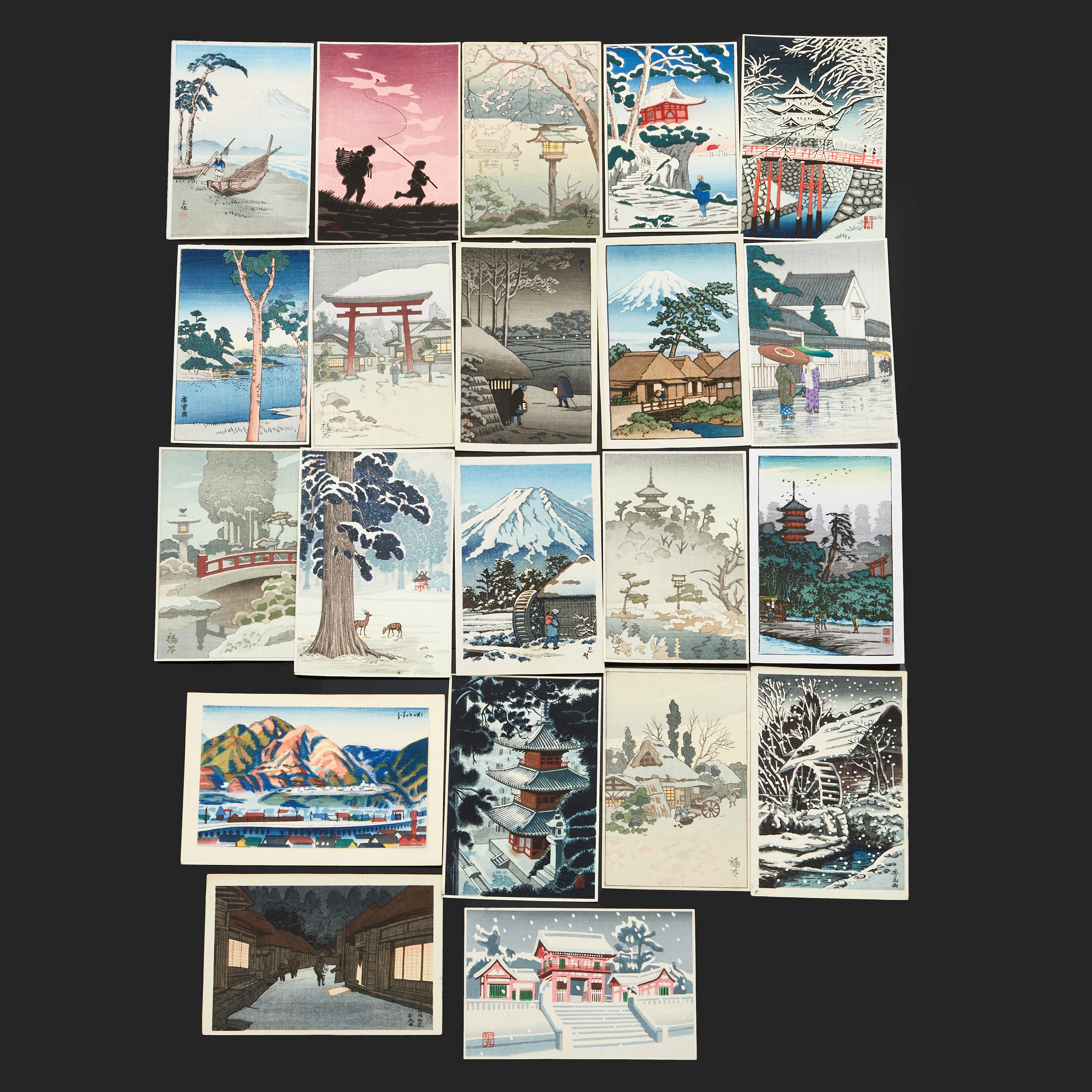 JAPANSKA TRÄSNITT, 21 miniatyrträsnitt efter bl.a. Kawase Hasui, Hiro